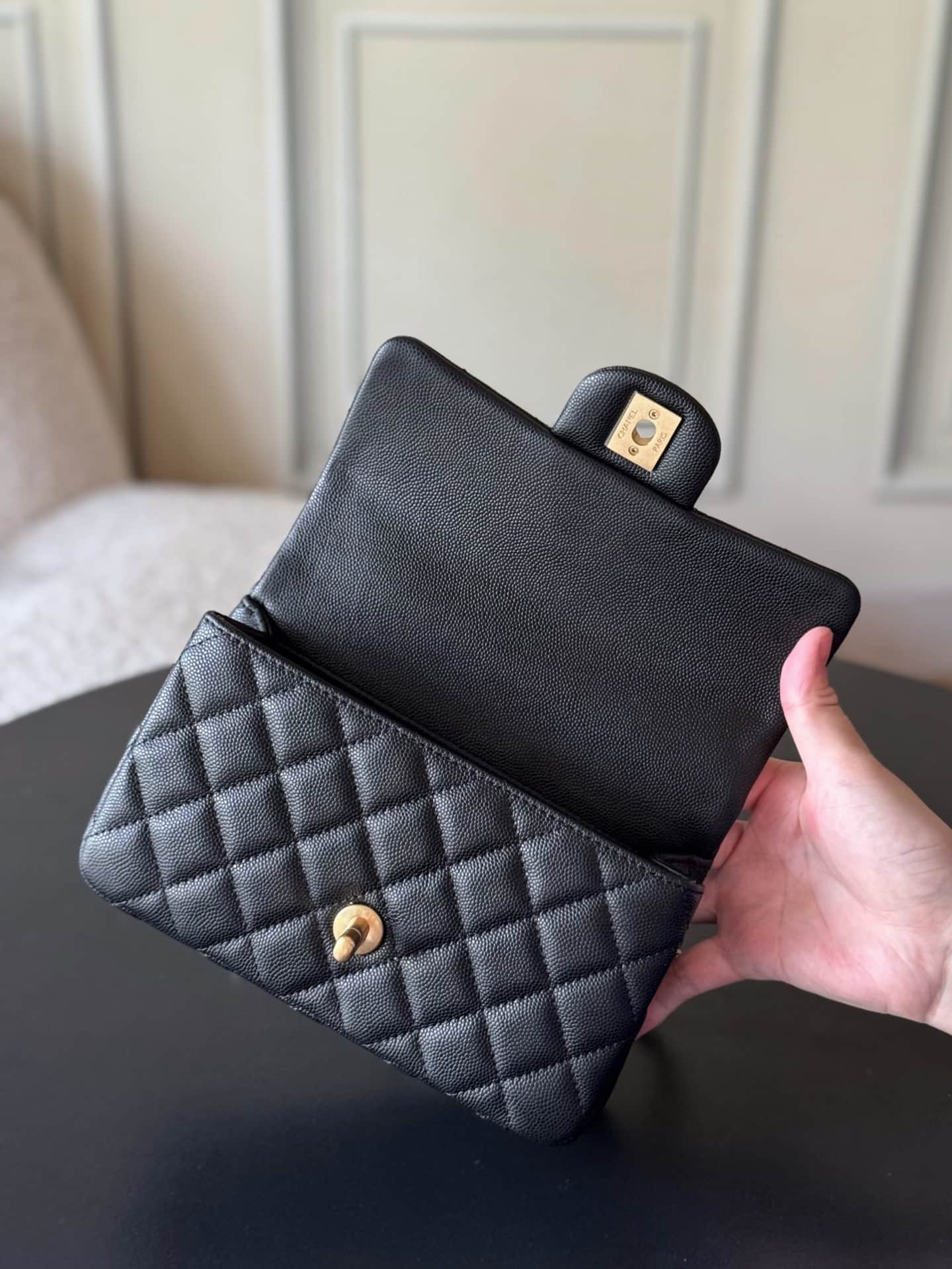 Chanel Mini Flap Bag with Top Handle Grained Shiny Calfskin & Gold-Tone Metal Black AS5701 TOP