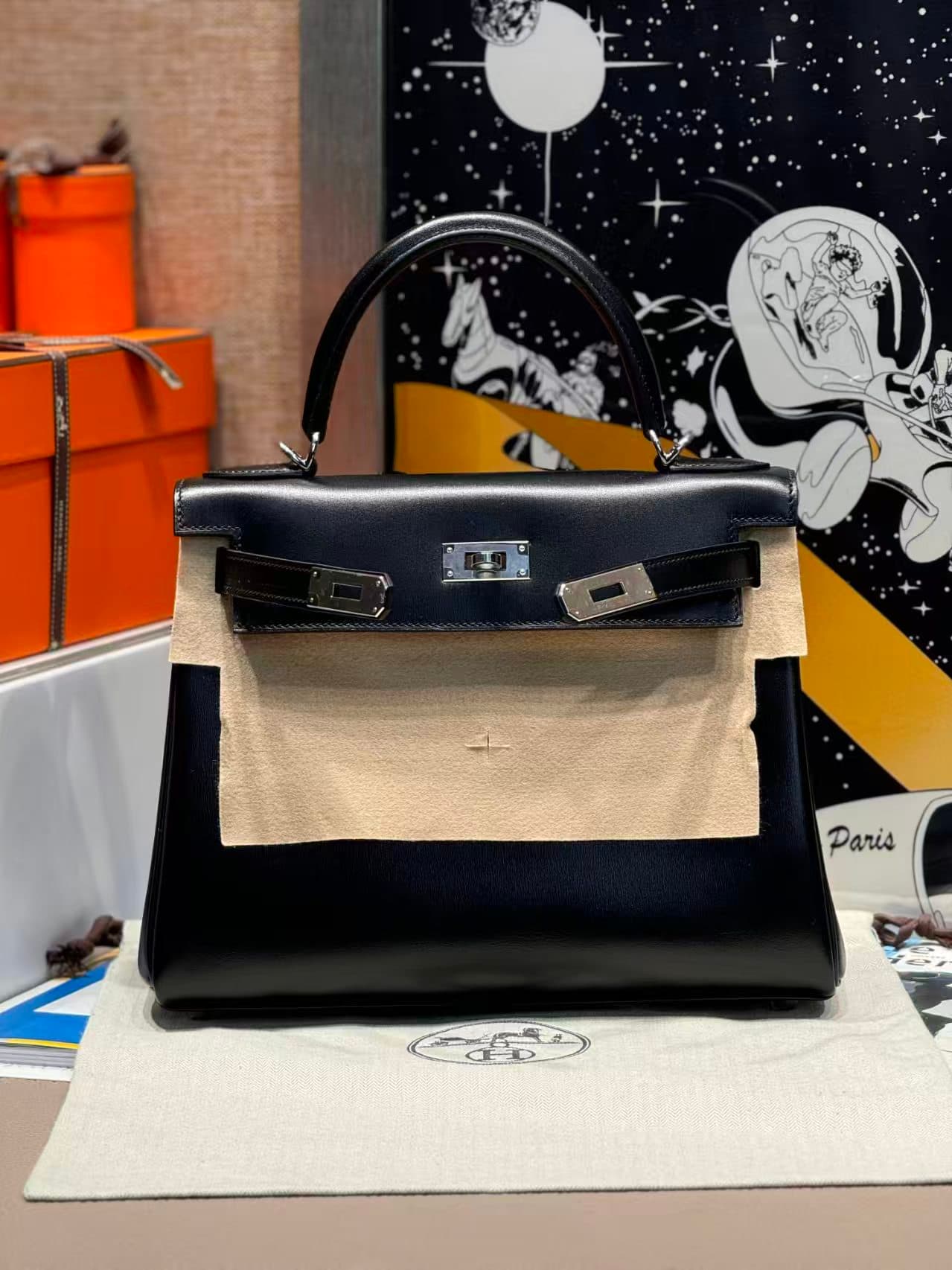 Hermes Kelly 25/28/32cm Retourne Bag Box Leather In Black WAX High Customizing style