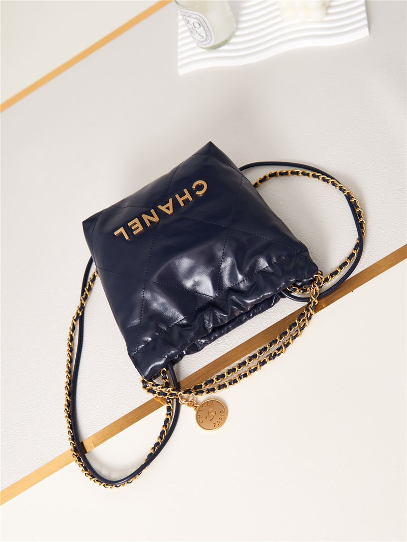 Chanel 22 MINI HANDBAG Shiny Calfskin Navy & Gold-Tone Metal AS3980 A