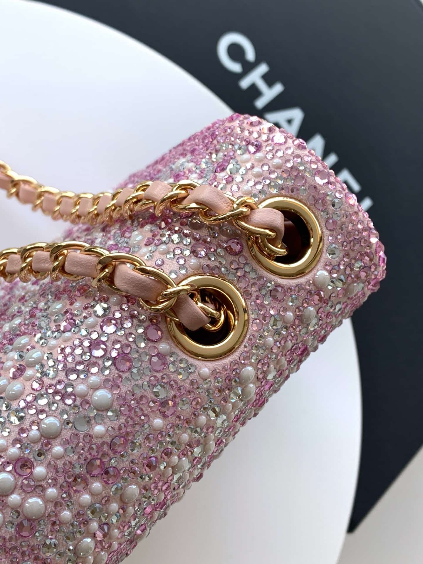 Chanel Classic Mini Flap Bag Strass Imitation Pearls & Gold-Tone Metal  Pink 6171 A