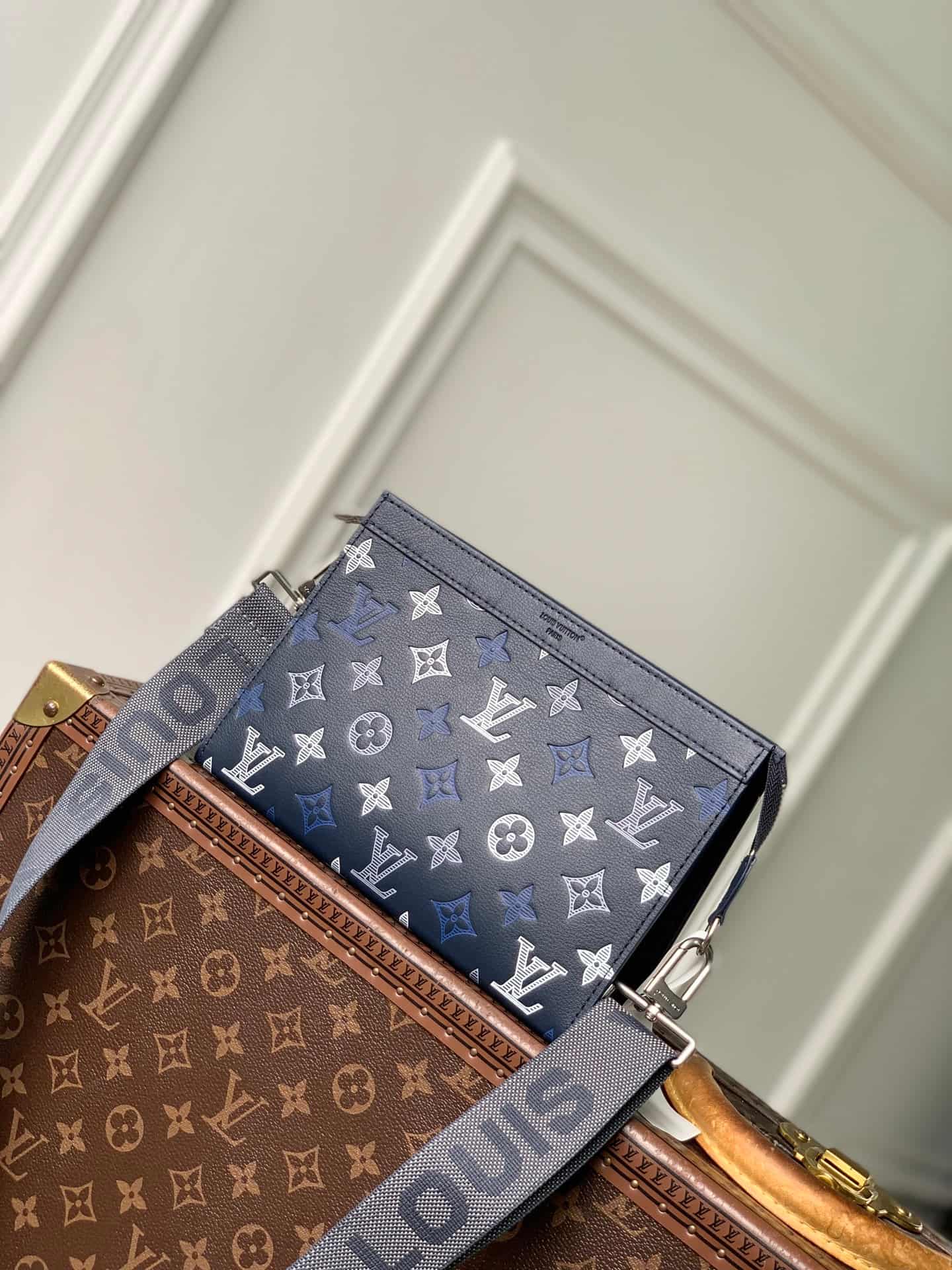 Louis Vuitton Gaston Wearable Wallet Navy Blue Monogram Shadow calfskin leather M28818 High