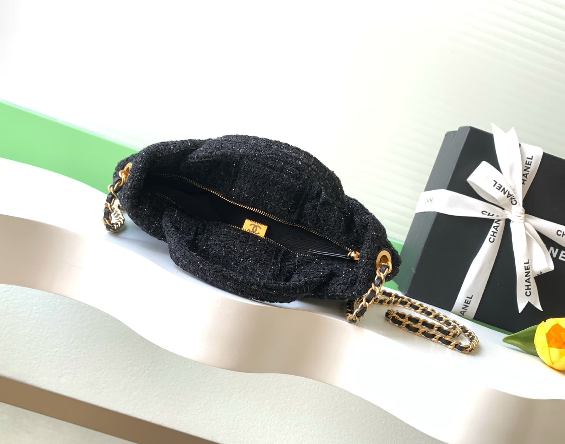 Chanel Mini Bow Bag Tweed & Gold-Tone Metal Black AS5849 A