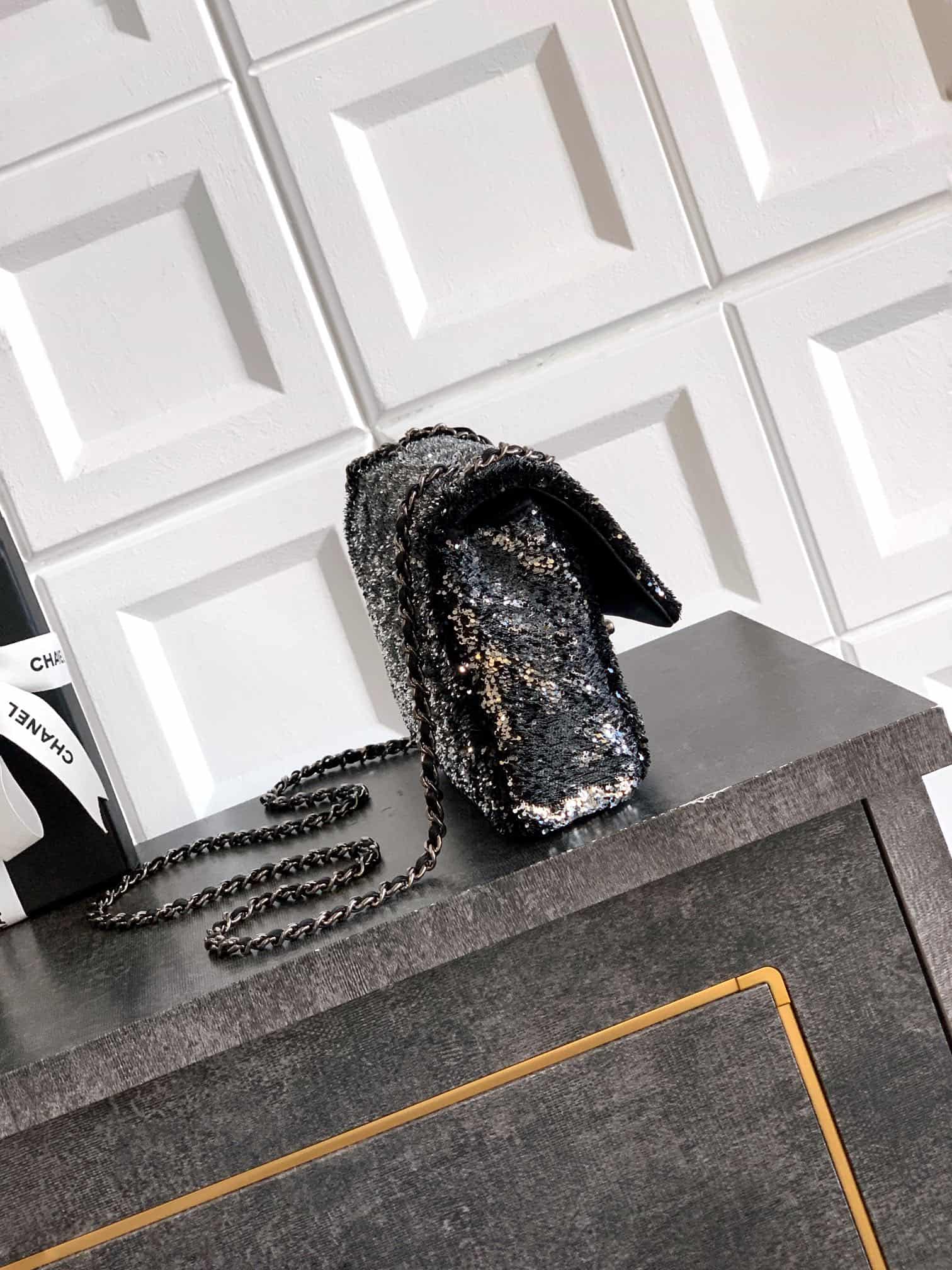 Chanel Classic Mini Flap Bag Sequin Embroidery & Silver-Tone Metal Black 6171 A
