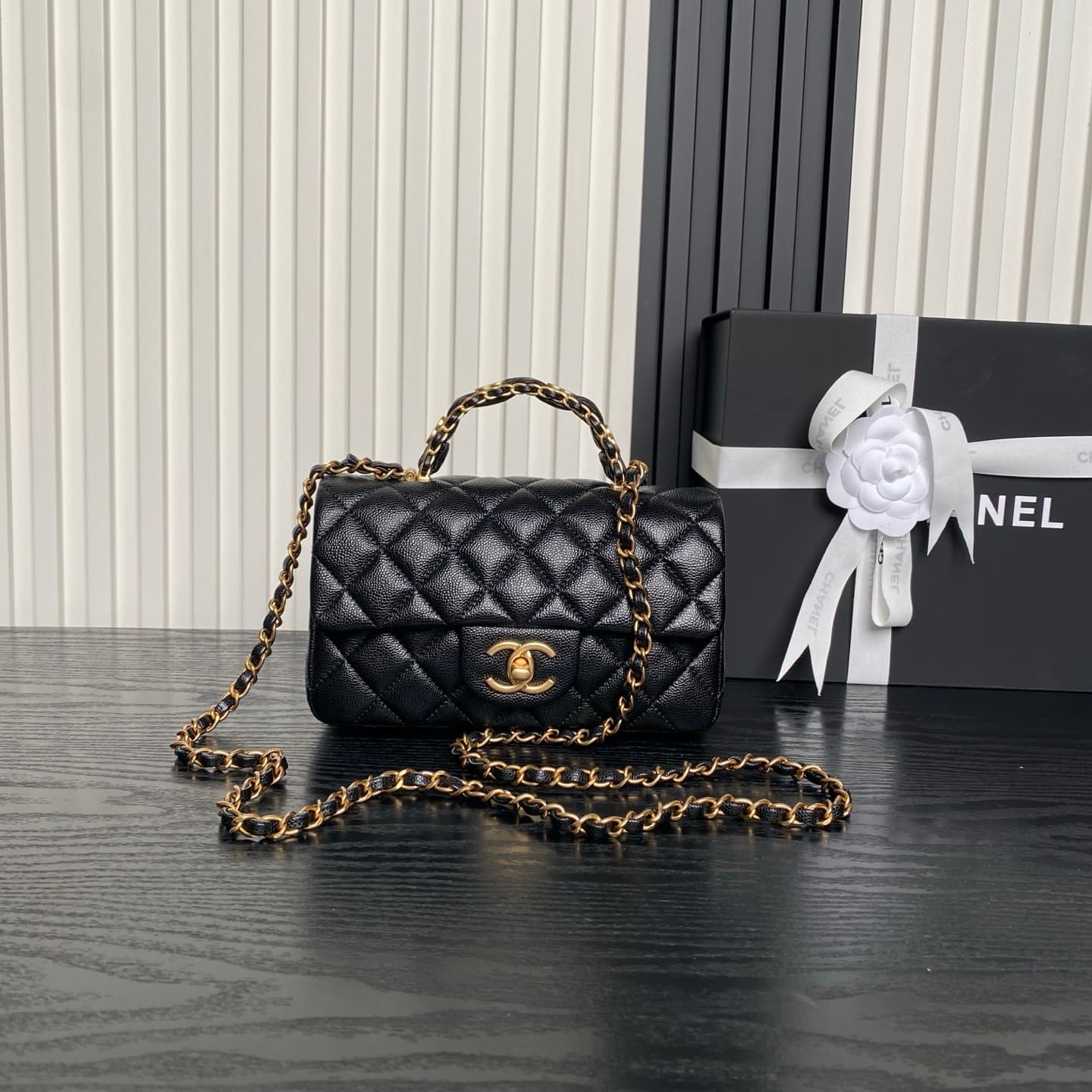 Chanel Mini Flap Bag with Top Handle Grained Shiny Calfskin &  Gold-Tone Metal Black AS5702 A