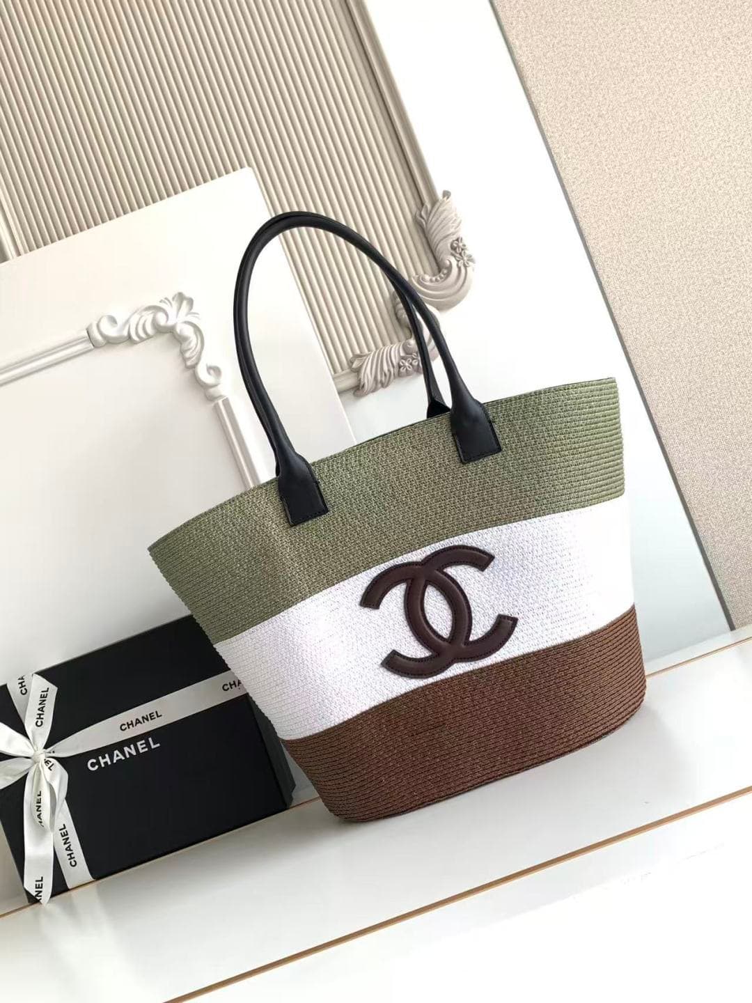 Chanel Coco Beach Shopping Bag Raffia & Calfskin Khaki White& Brown A