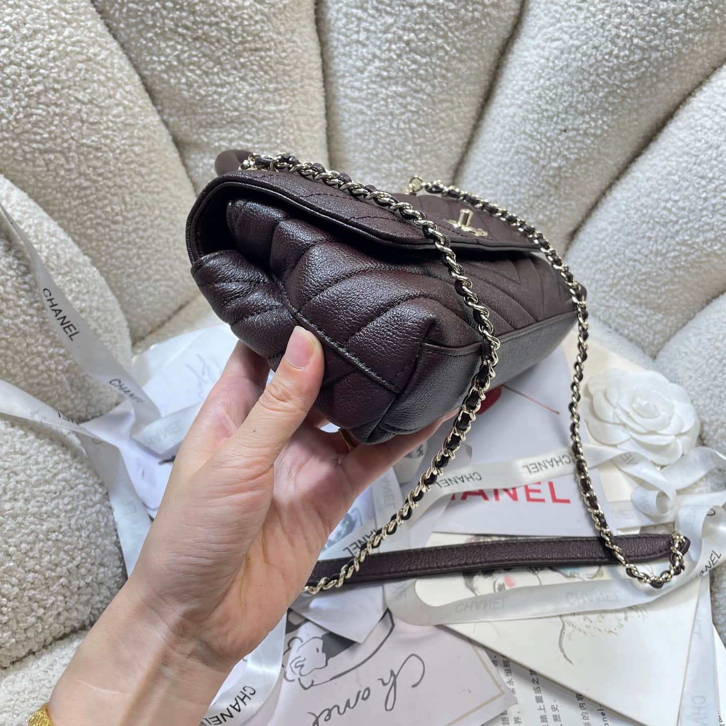 Chanel Maxi Flap Bag with Top Handle Calfskin& Gold-Tone Metal AS6091 Dark Brown A