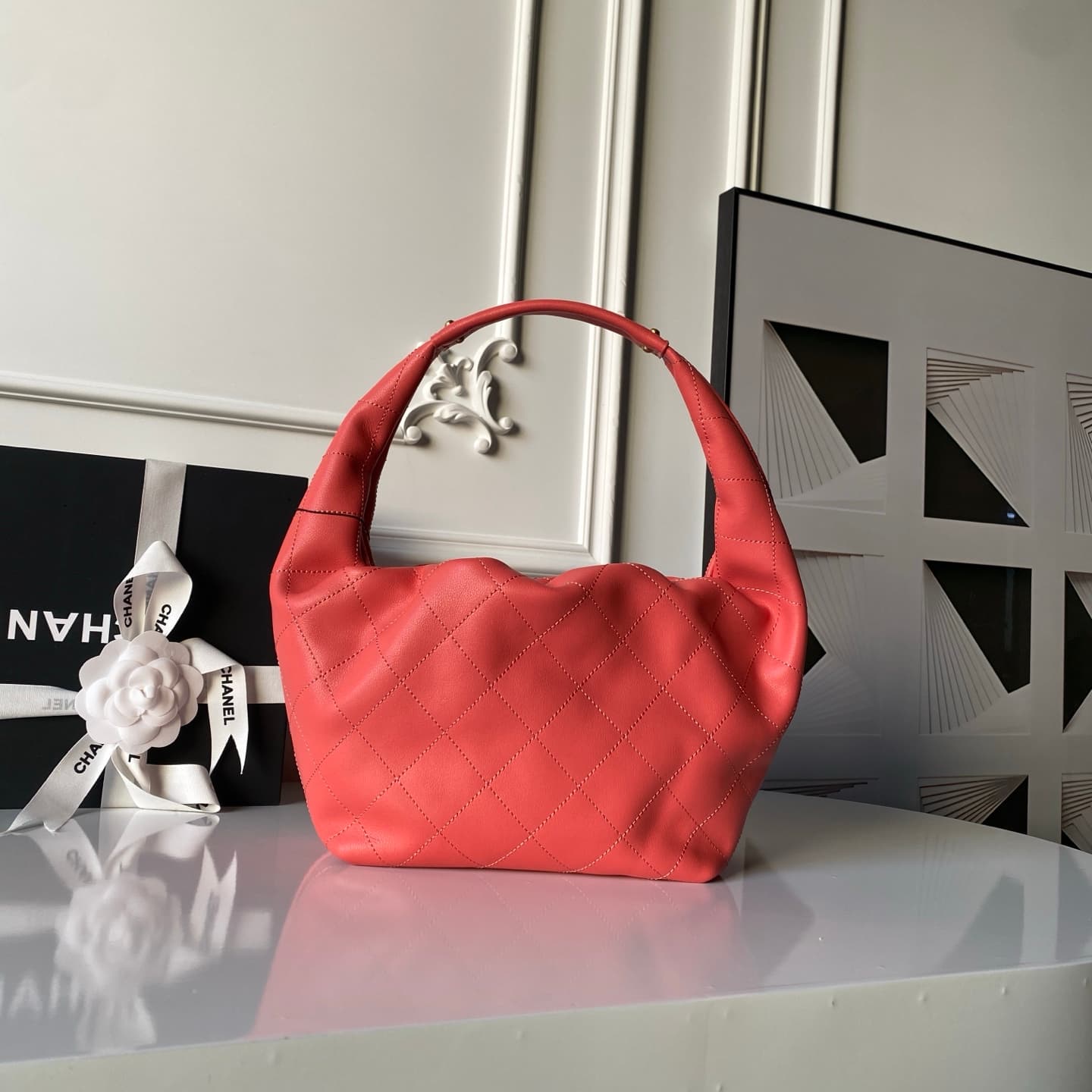 Chanel Hobo Handbag Calfskin & Gold-Tone Metal AS5976 Coral-Colored  A