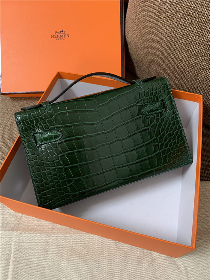 Hermes Kelly Pochette Bag Crocodile Silver/Gold Metal WAX High Customizing Style