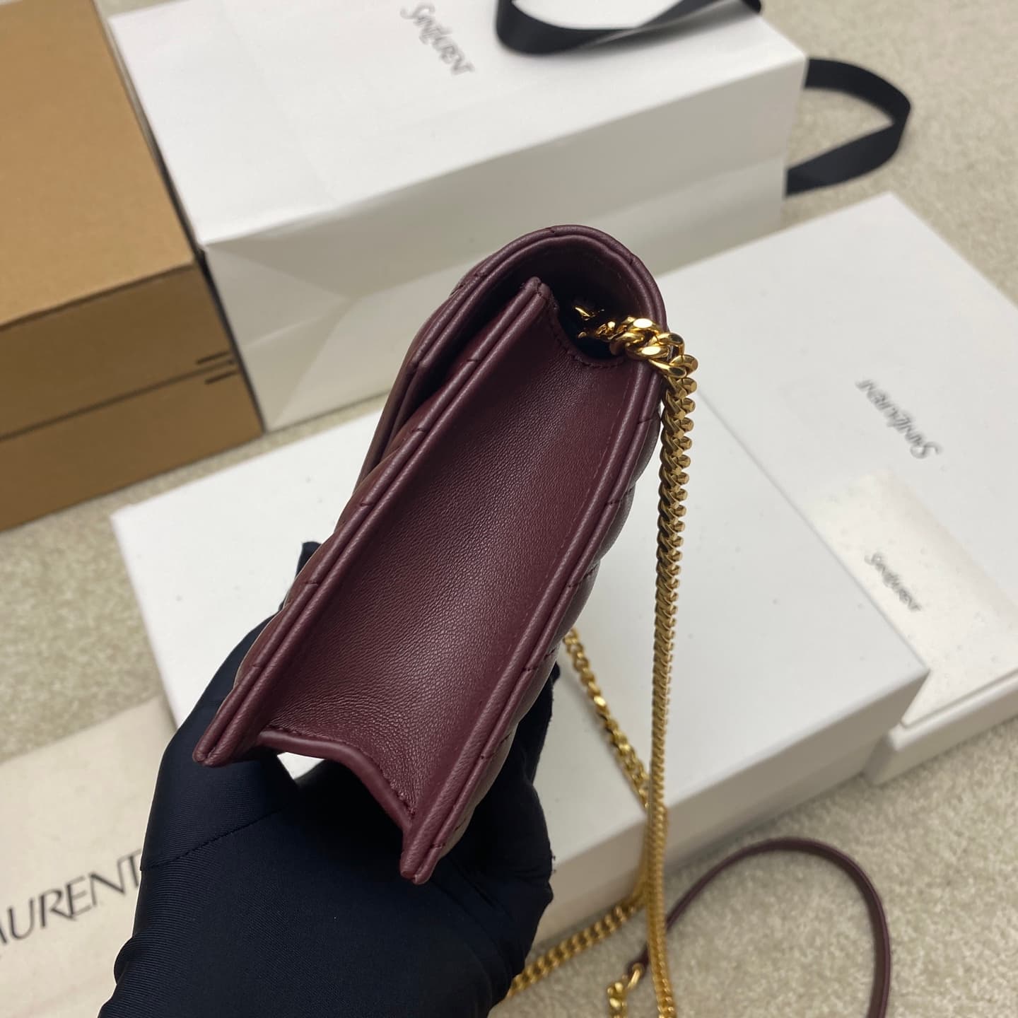 Saint Laurent Monogram Matelassé Cassandre Wallet on Chain Burgundy Lambskin 393953 High