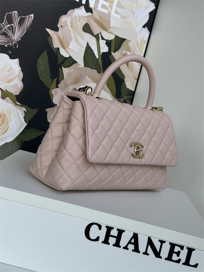 Medium FLAP BAG WITH TOP HANDLE Grained Calfskin Pink Gold Metal High