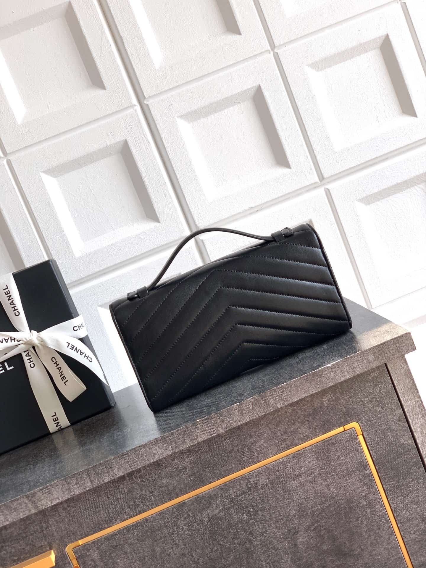 Chanel Flap Bag with Top Handle Chevron Lambskin& Gold-Tone Metal Black AS6044 A