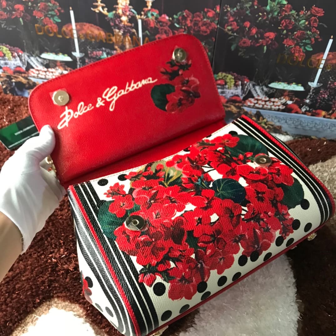 Dolce & Gabbana Miss Sicily top handle bag with embroidered geranium flowers print leather High