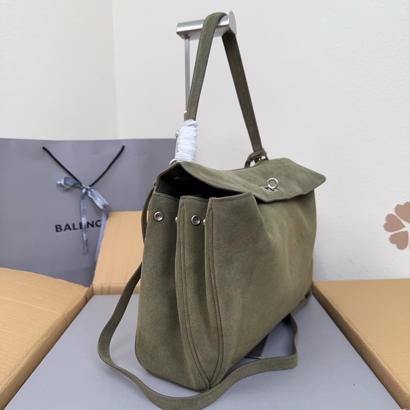 Balenciaga Rodeo Medium Bag in Khaki Waxed Suede Calfskin With Silver-Tone Metal High