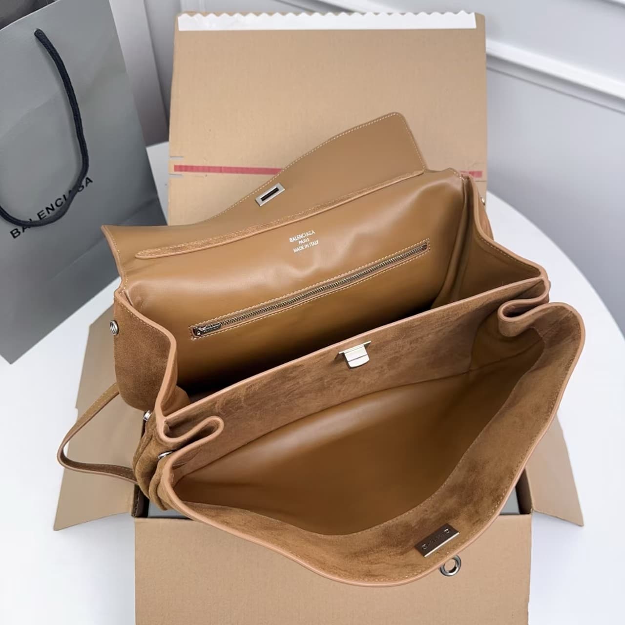 Balenciaga Rodeo Medium Bag in Camel Waxed Suede Calfskin With Silver-Tone Metal High