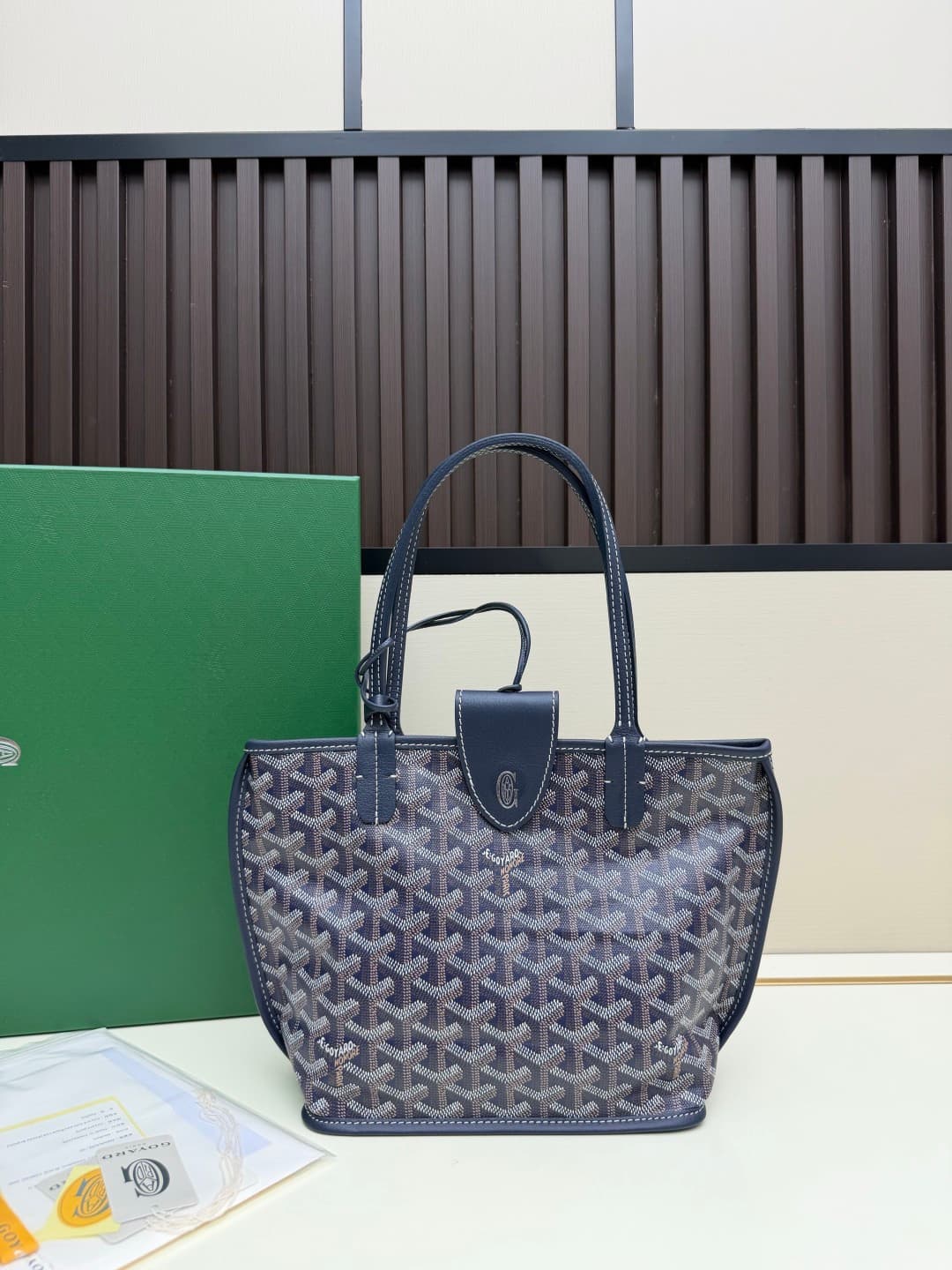 Goyard Mini Anjou Tote Goyardine Canvas with White Painted Mascot Navy Blue High