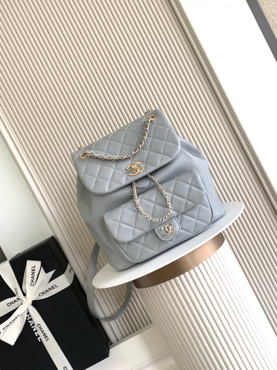 Chanel Medium Quilted Duma Backpack Lambskin AS3618 Light Grey A