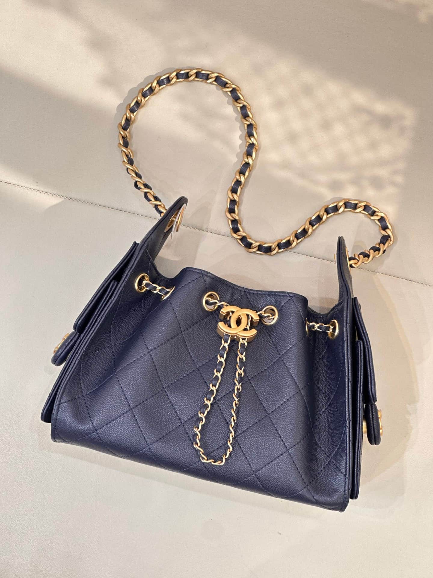 CHANEL 25 Mini Handbag AS5631 Grained Calfskin & Gold-tone Metal Drak Blue TOP