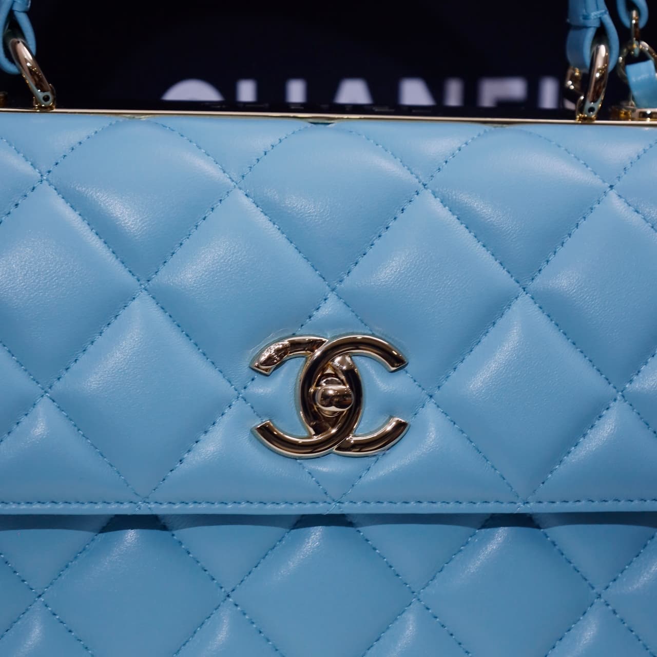 SMALL FLAP BAG WITH TOP HANDLE Lambskin Gold Metal Sky Blue A