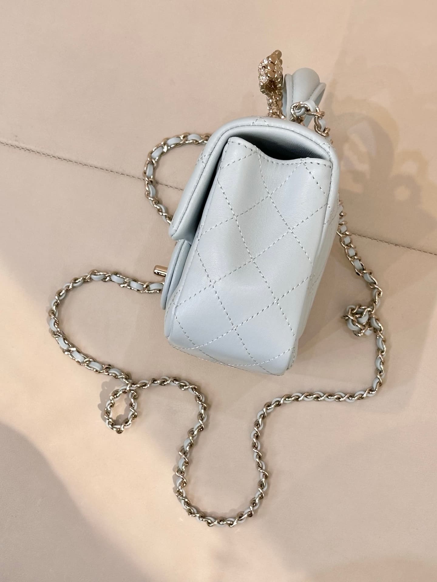 Chanel Mini Classic Handbag Lambskin Strass & Gold-Tone Metal AS2431 light blue TOP