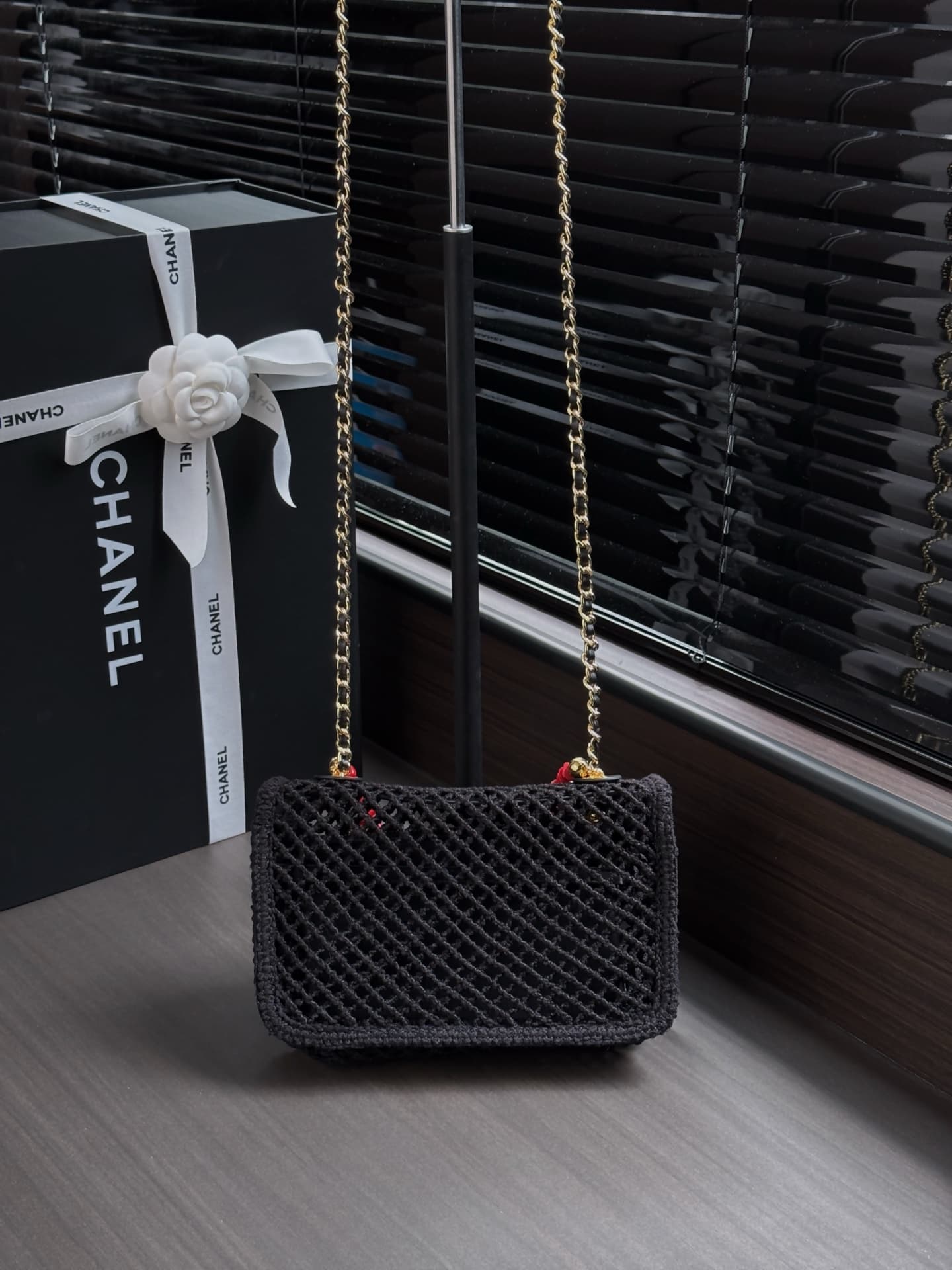 CHANEL Coco Beach Small Flap Bag Mesh, Charms & Gold-Tone Metal AS6156 A