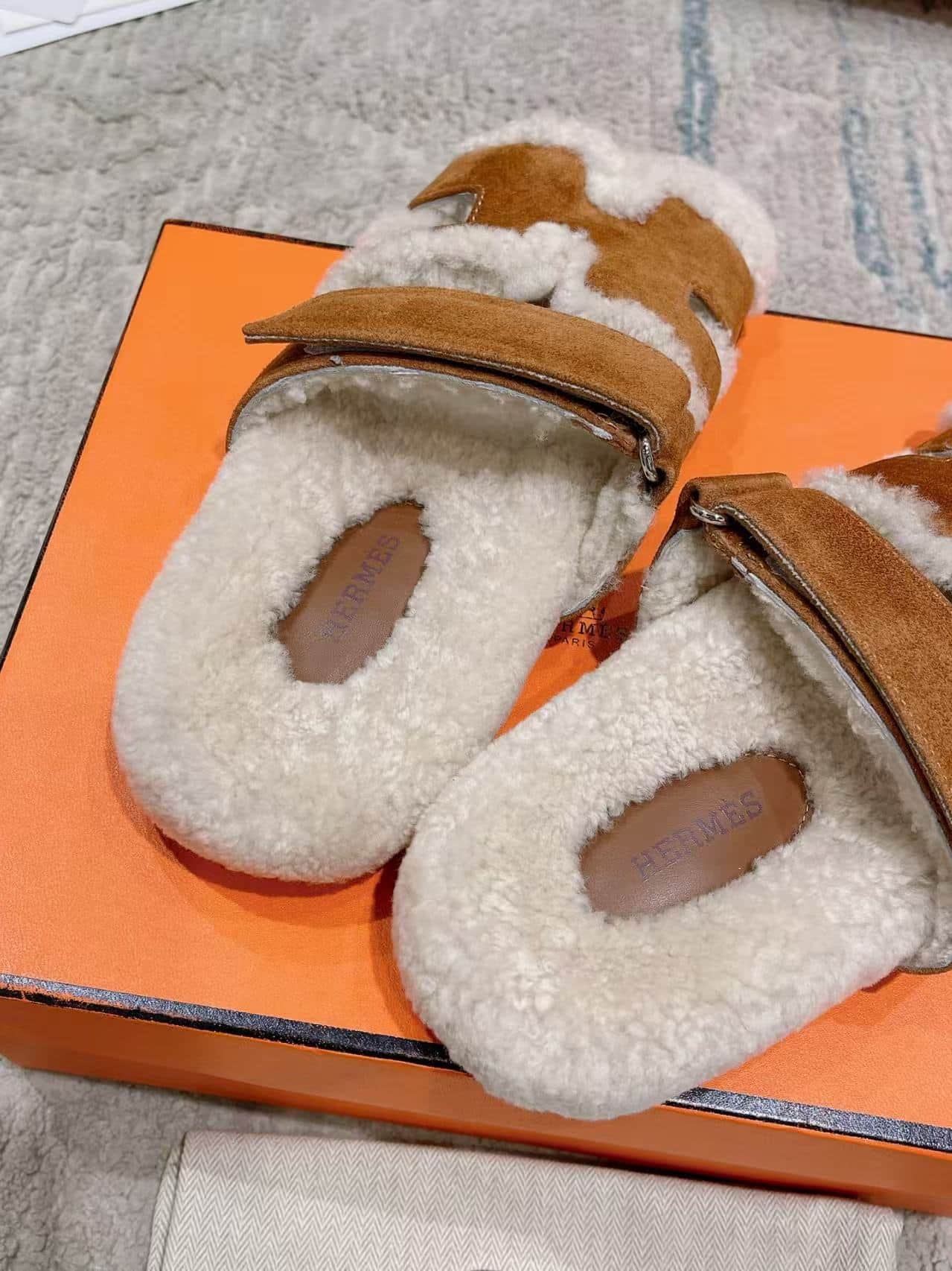 Hermes Chypre Sandals in Shearling and Suede Unisex