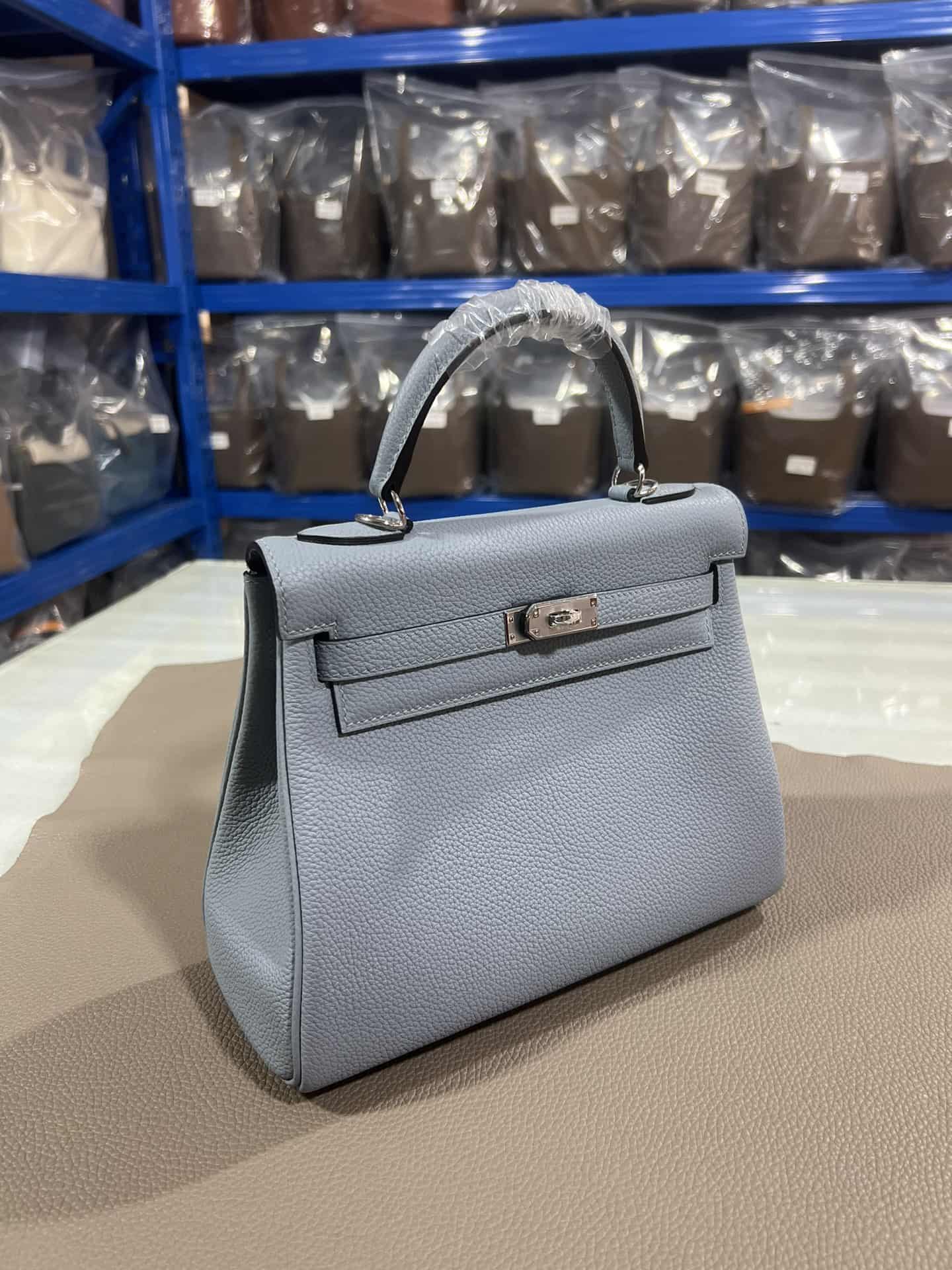 Hermes Kelly 25/28/32cm Retourne Bag Togo Leather In Grey-Blue WAX High