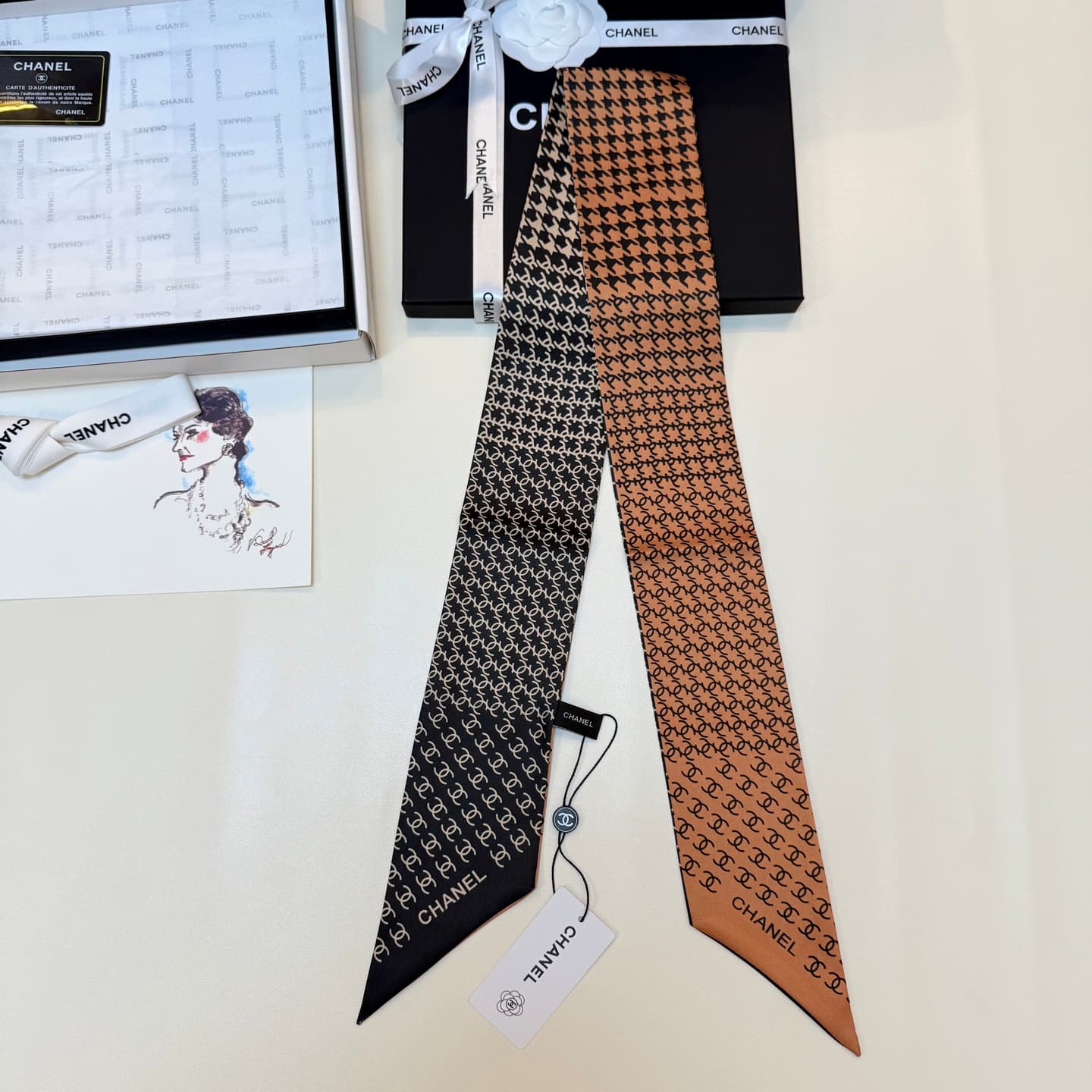 Chanel Silk Twill Houndstooth Slim Bandeau Scarf