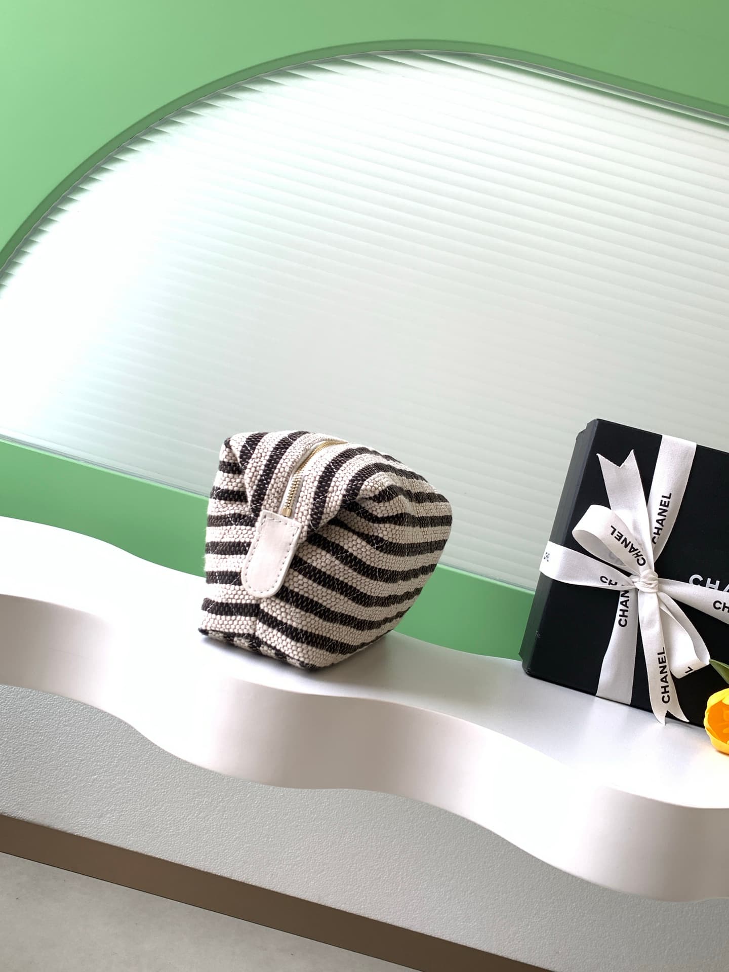 CHANEL Stripe Cosmetic Pouch Bag Printed fabric & Gold-Tone Metal Beige & Light Black AP4990 A
