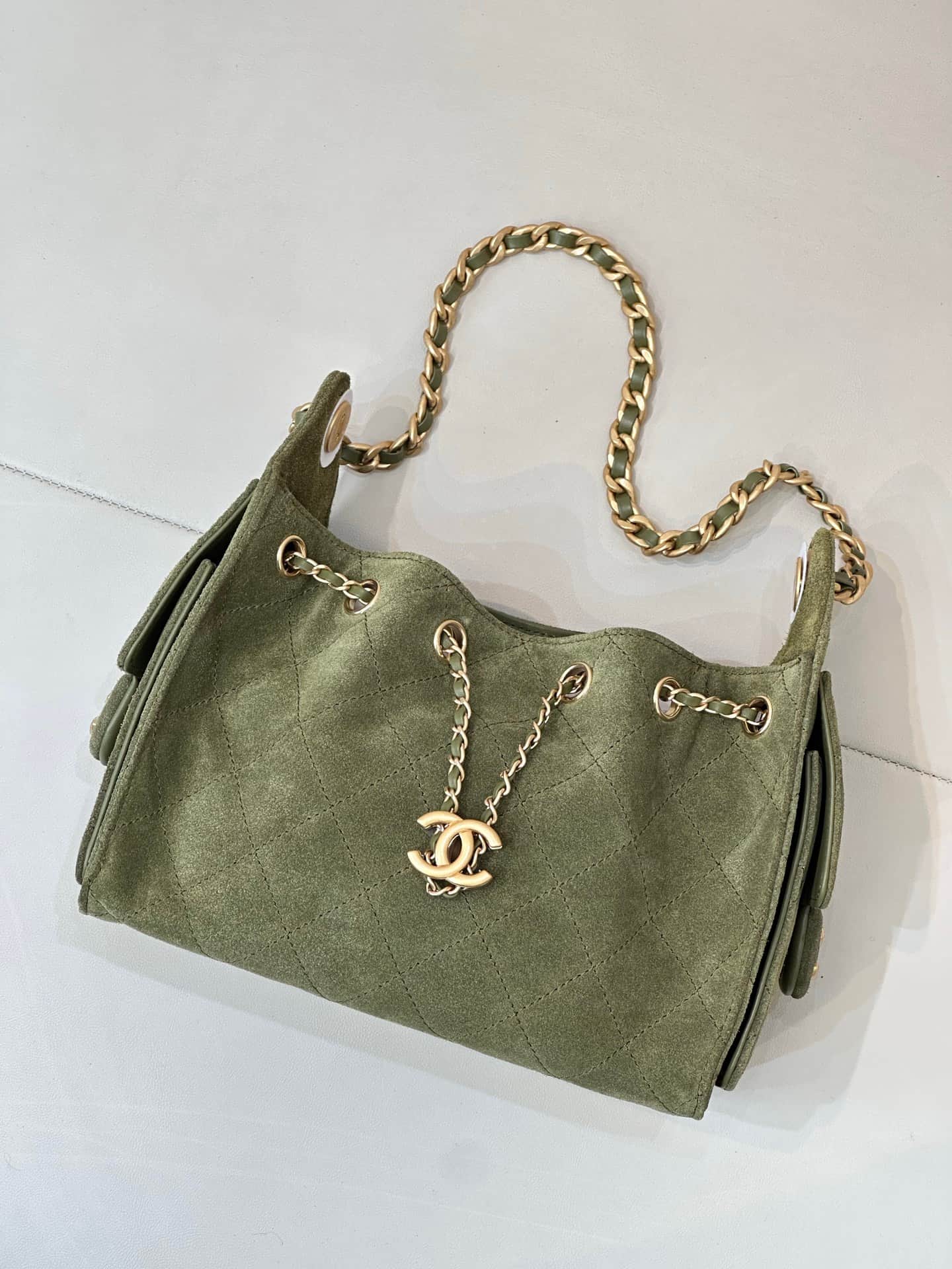 CHANEL 25 Mini Handbag AS5631 Suede &Gold-tone Metal Military Green TOP