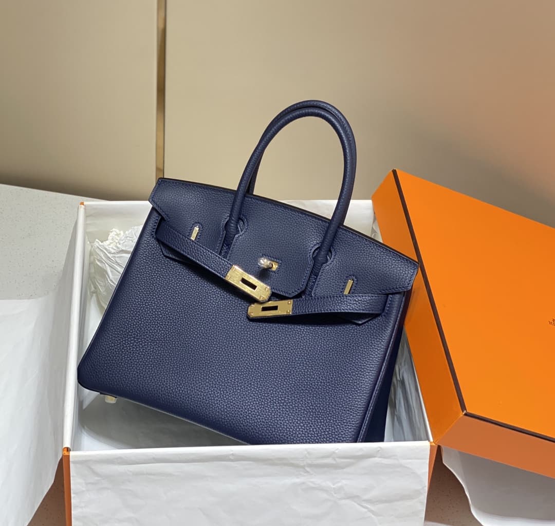 Hermes Birkin 25/30/35cm Bag Calfskin Silver/Gold Metal In Navy High