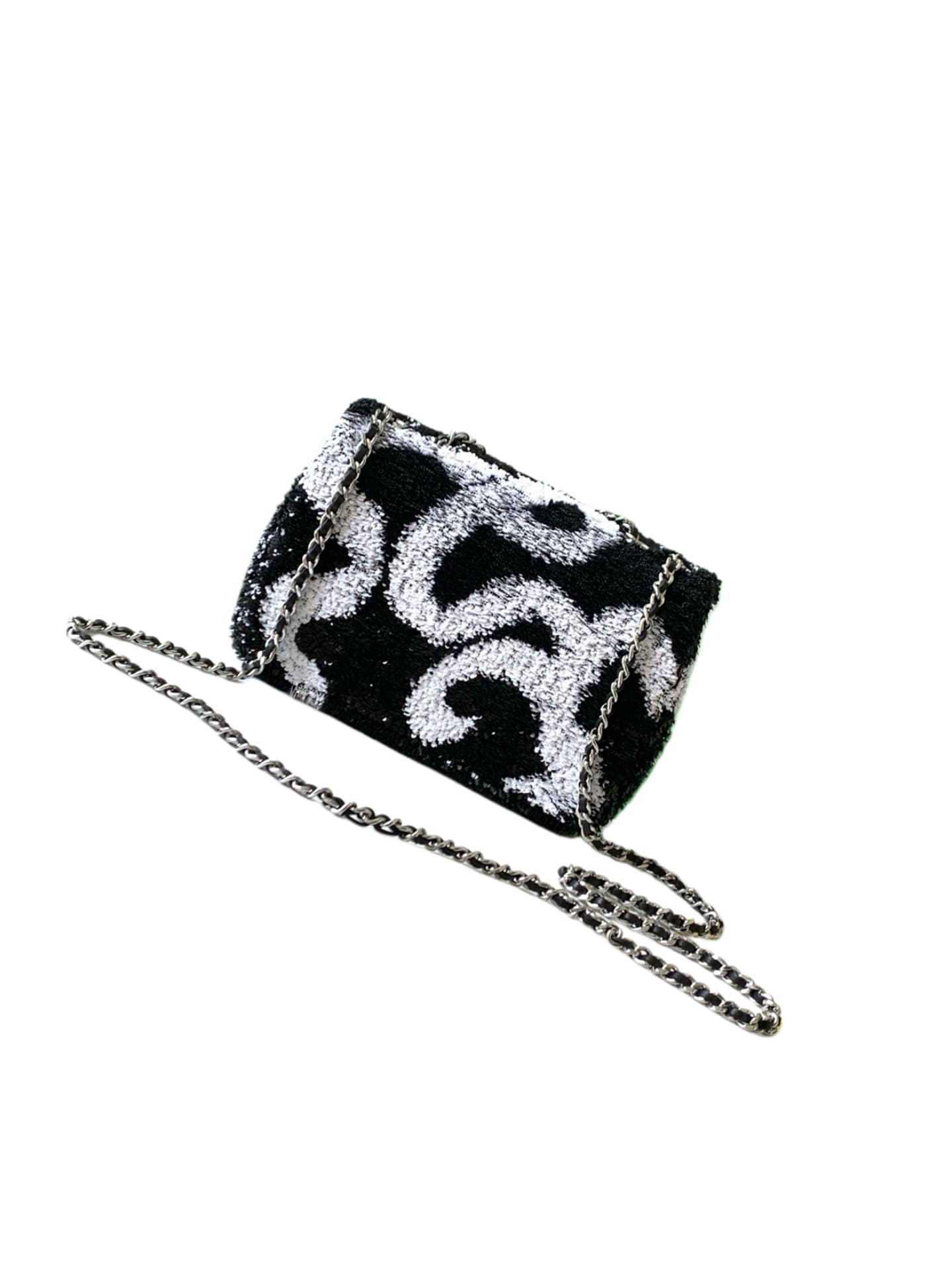 Chanel Classic Mini Flap Bag Sequins Embroidery & Gold-Tone Metal Black White 6171 A