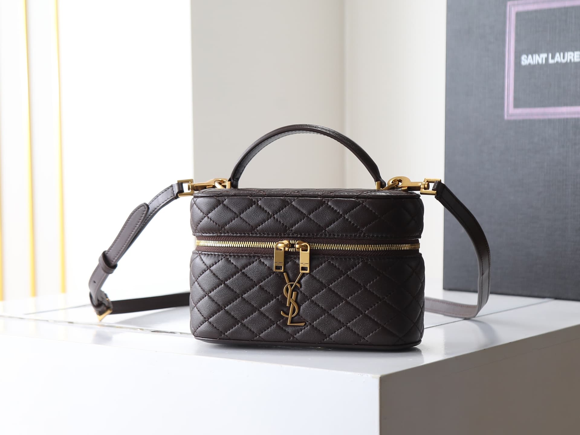 Saint Laurent Gaby Vanity Bag Lambskin Dark Brown 766731 High