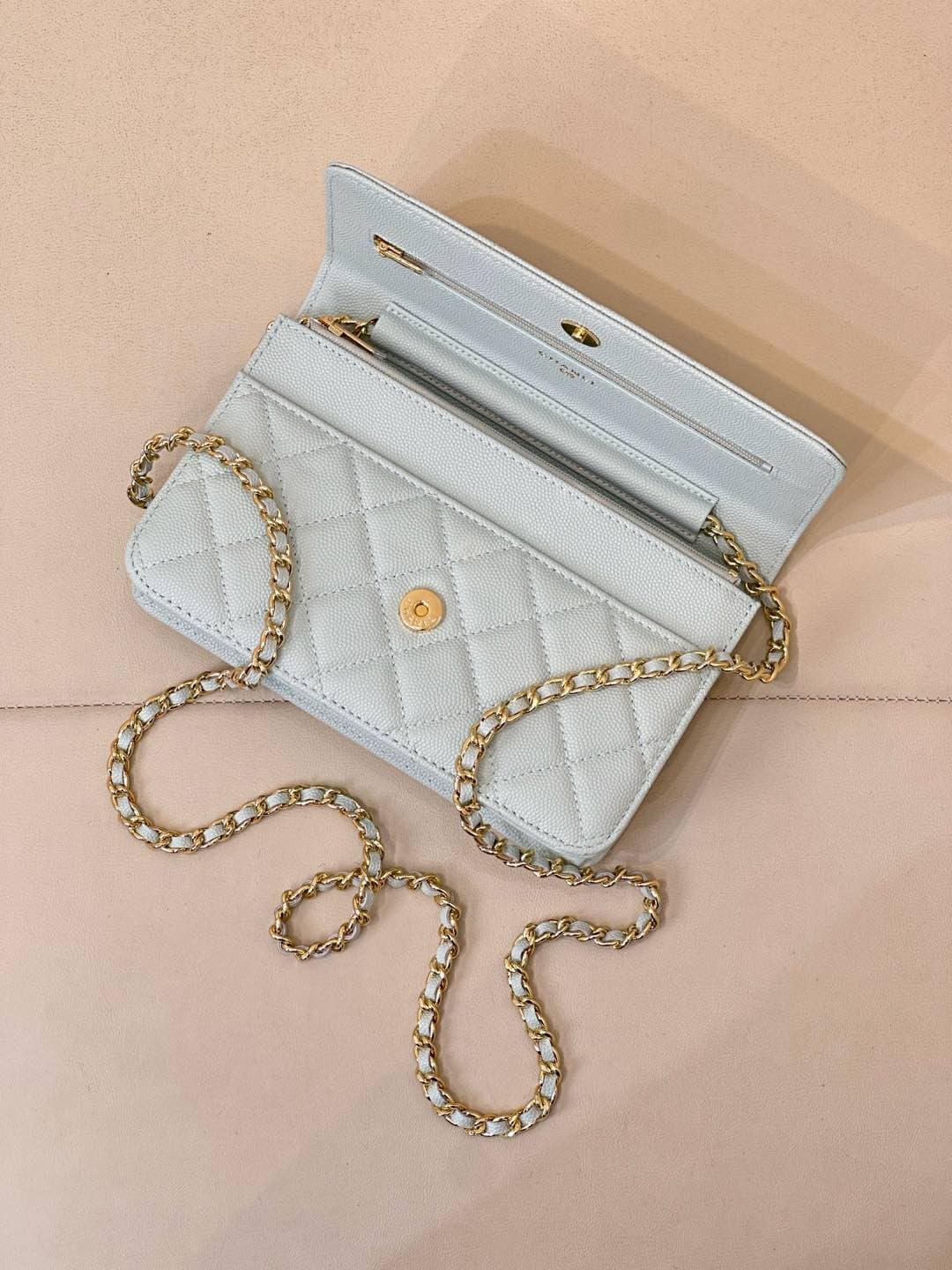 Chanel Wallet on Chain Grained Calfskin& Gold-tone Metal AP0250 Light Blue TOP