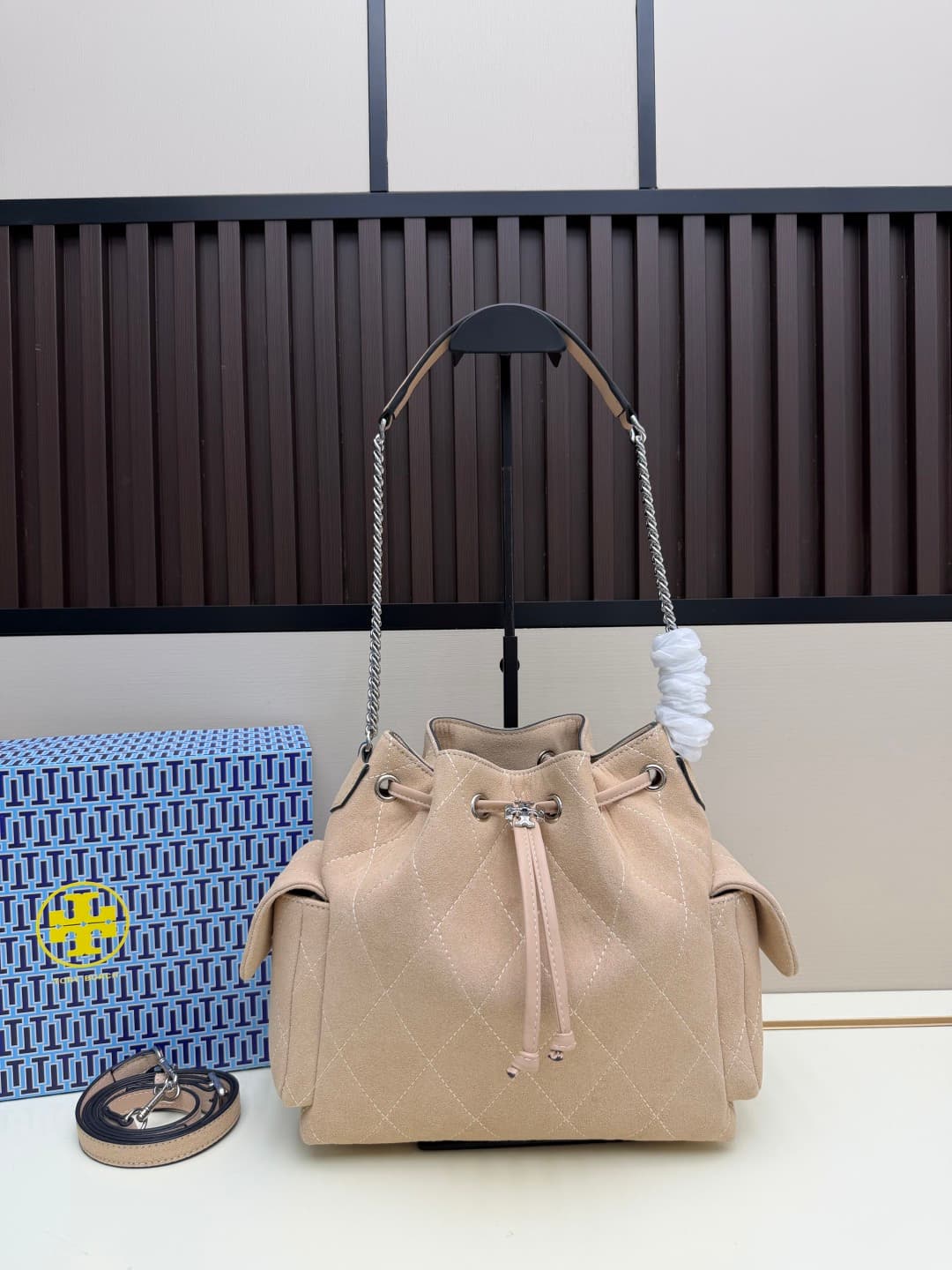 Tory Burch Charlie Quilted Suede Drawstring Shoulder Bag Beige High