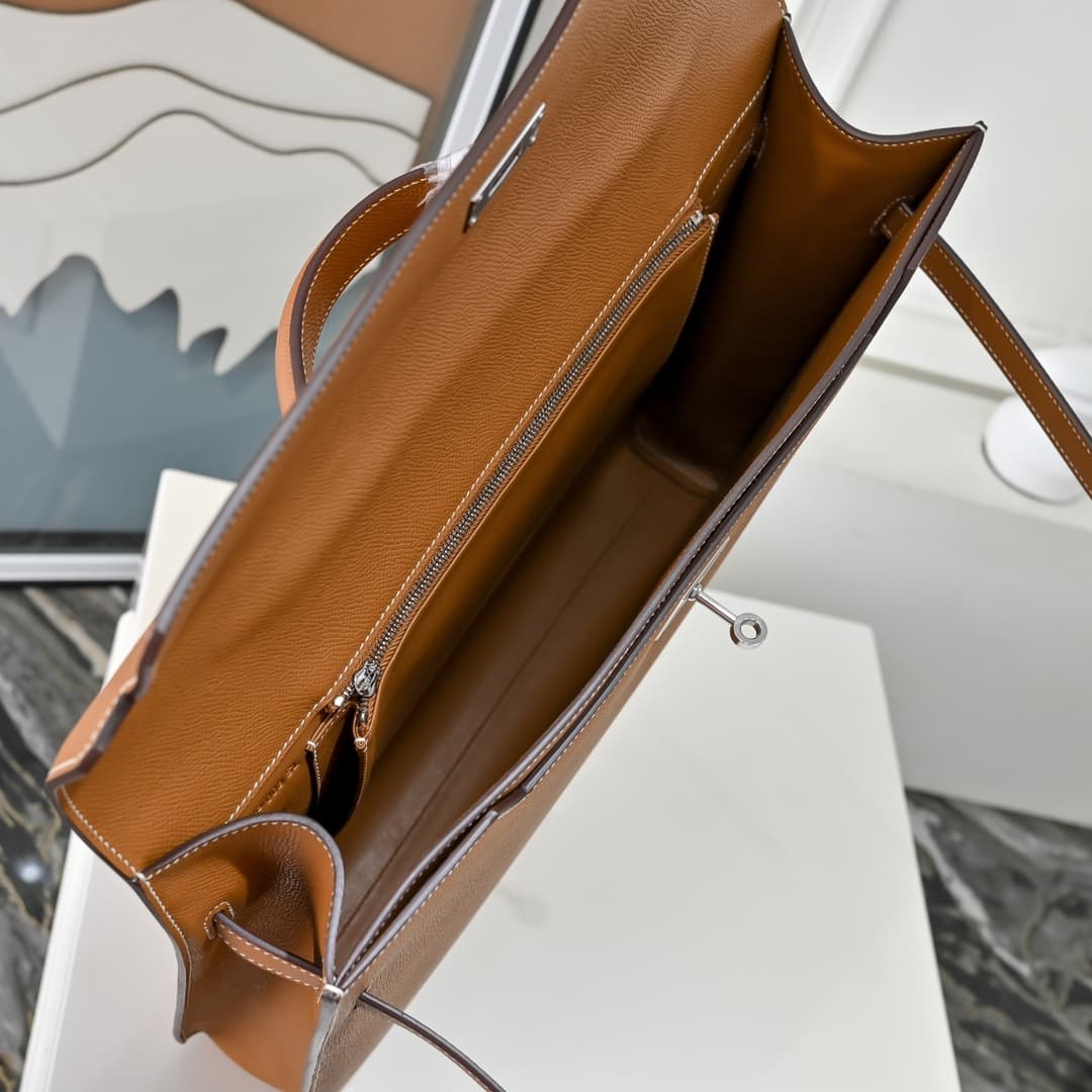 Hermes Kelly depeches Epsom 36 briefcase In Camel Silver Metal CalfskIn WAX High