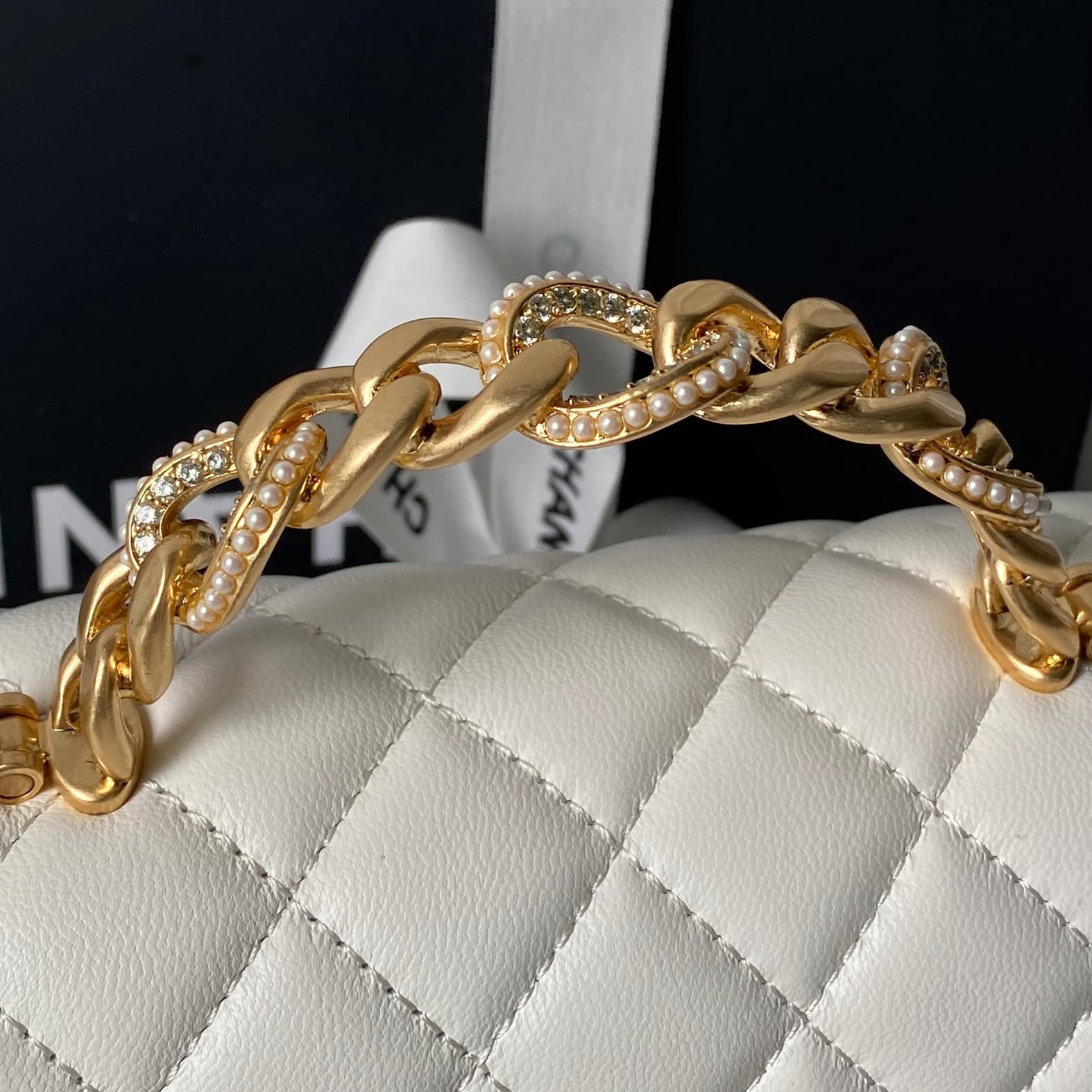 Chanel Mini Flap Bag with Top Handle Lambskin& Gold-tone Metal White AS5813 A