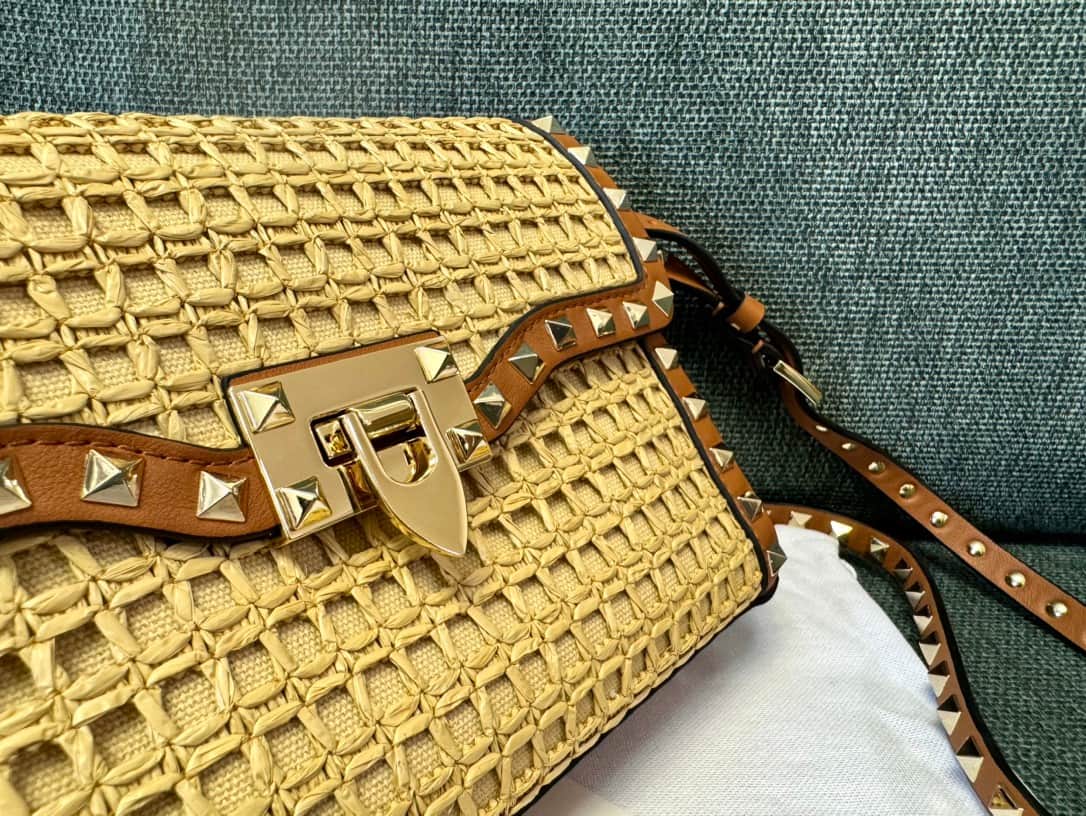 Valentino Garavani Small Rockstud Raffia Shoulder Bag Beige High