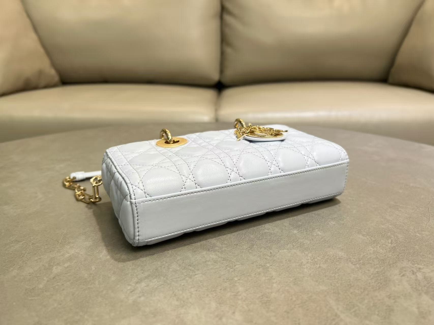 LADY D-JOY BAG SMALL Cannage Lambskin Ice Blue High