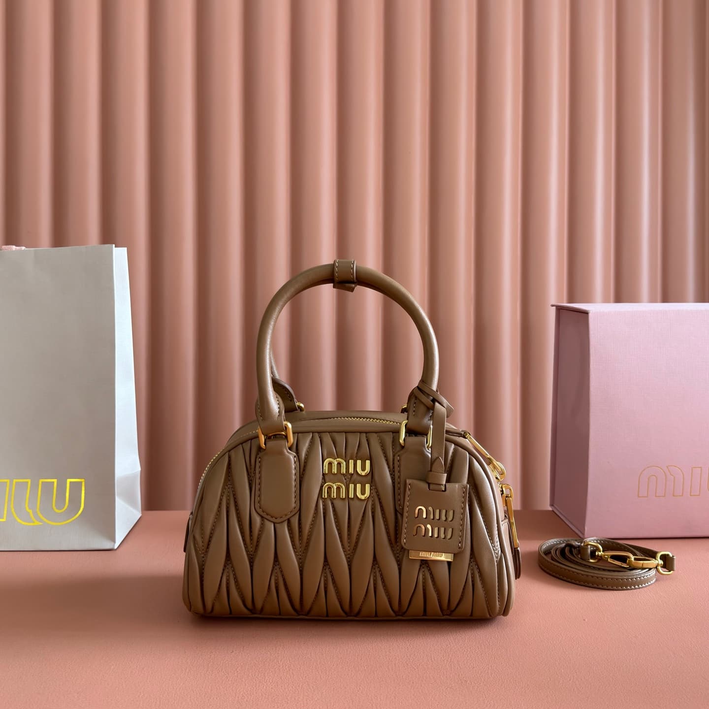 Miu Miu Arcadie Matelassé nappa leather bag Caramel 5BB191 TOP