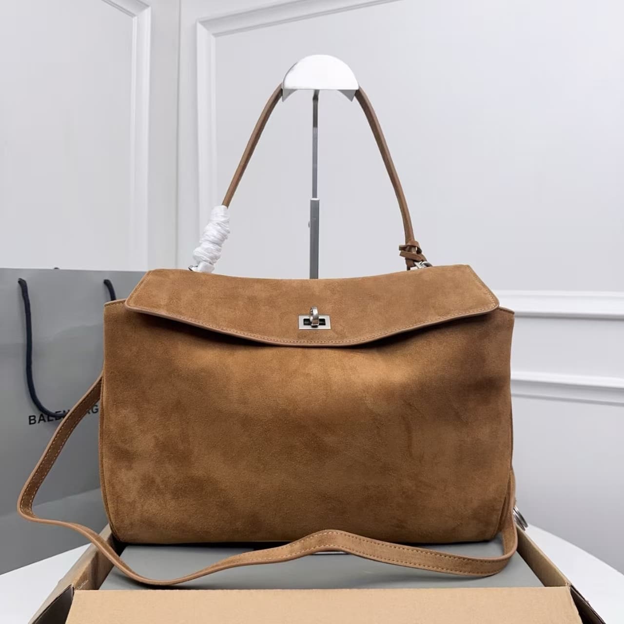 Balenciaga Rodeo Medium Bag in Camel Waxed Suede Calfskin With Silver-Tone Metal High