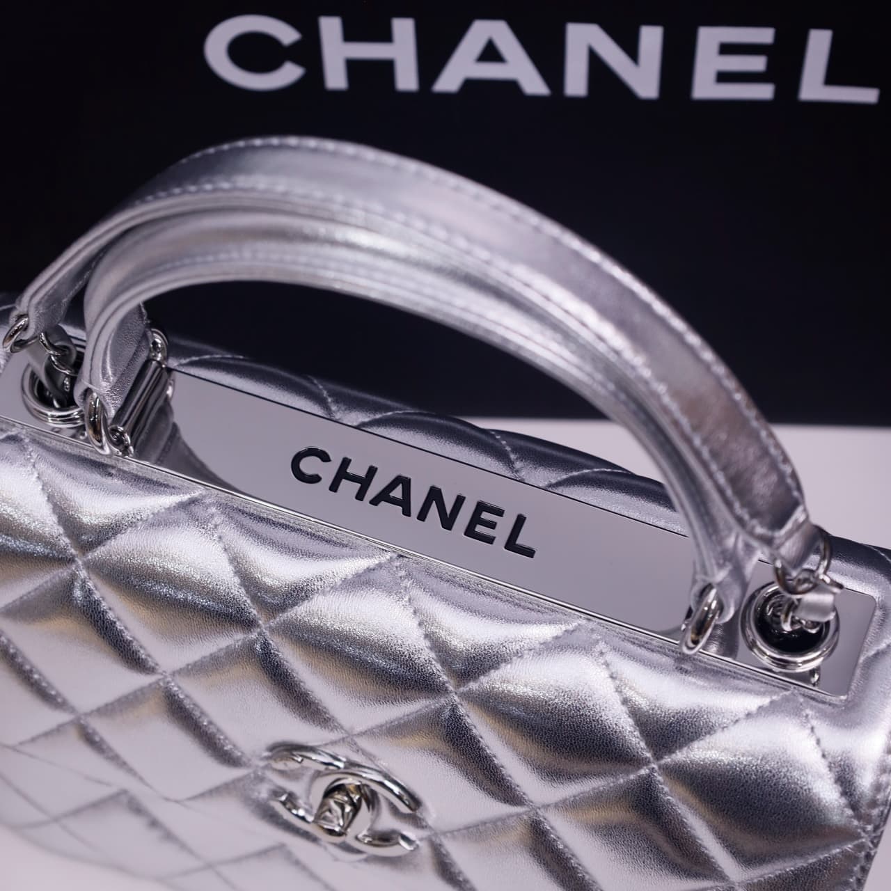 SMALL FLAP BAG WITH TOP HANDLE Lambskin Silver Metal Silver A