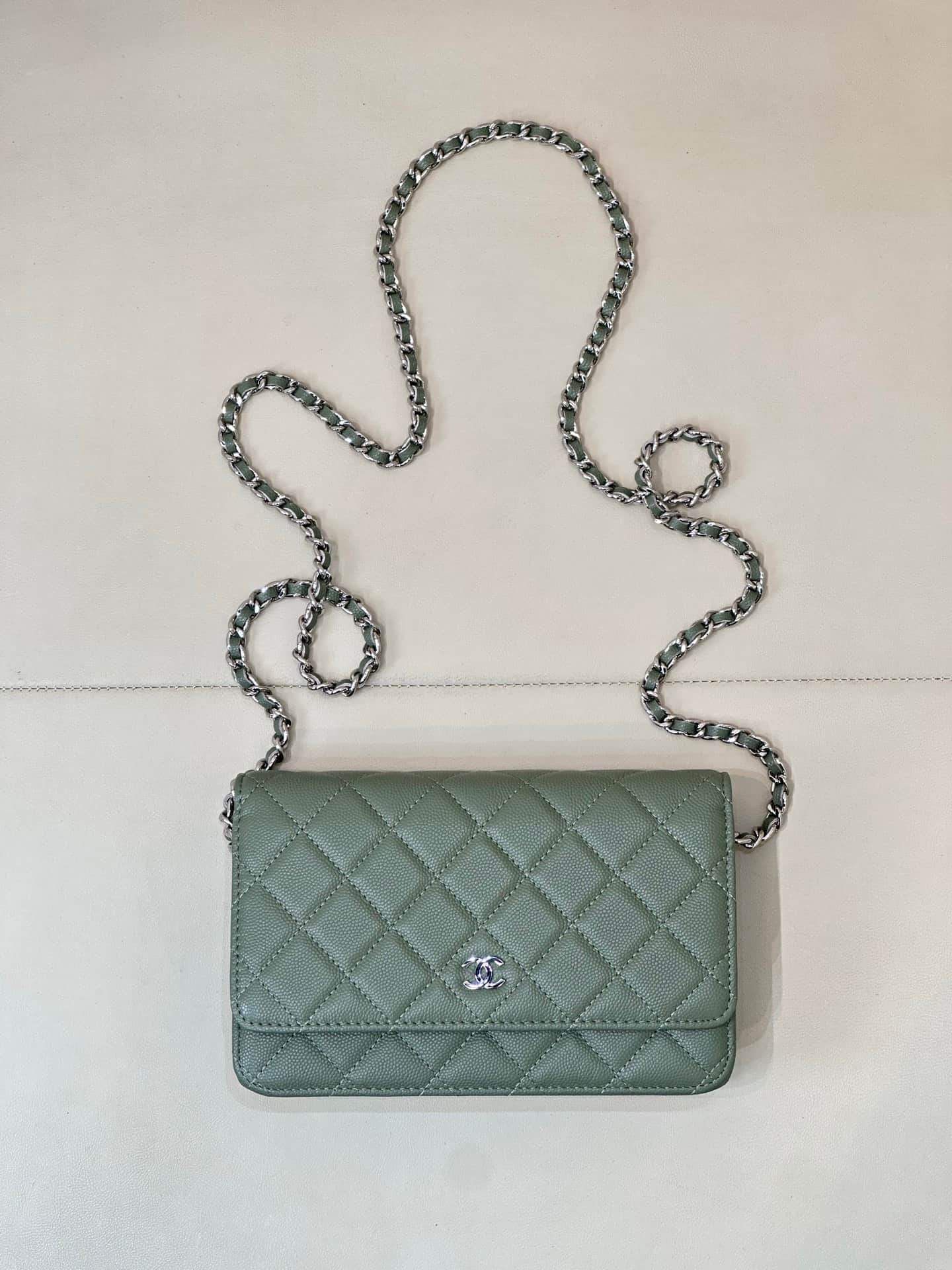 Chanel Wallet on Chain Grained Calfskin& Sliver-tone Metal AP0250 Green TOP