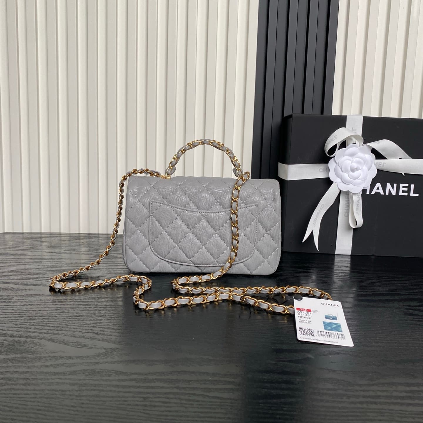 Chanel Mini Flap Bag with Top Handle Grained Shiny Calfskin & Gold-Tone Metal Grey AS5701 A