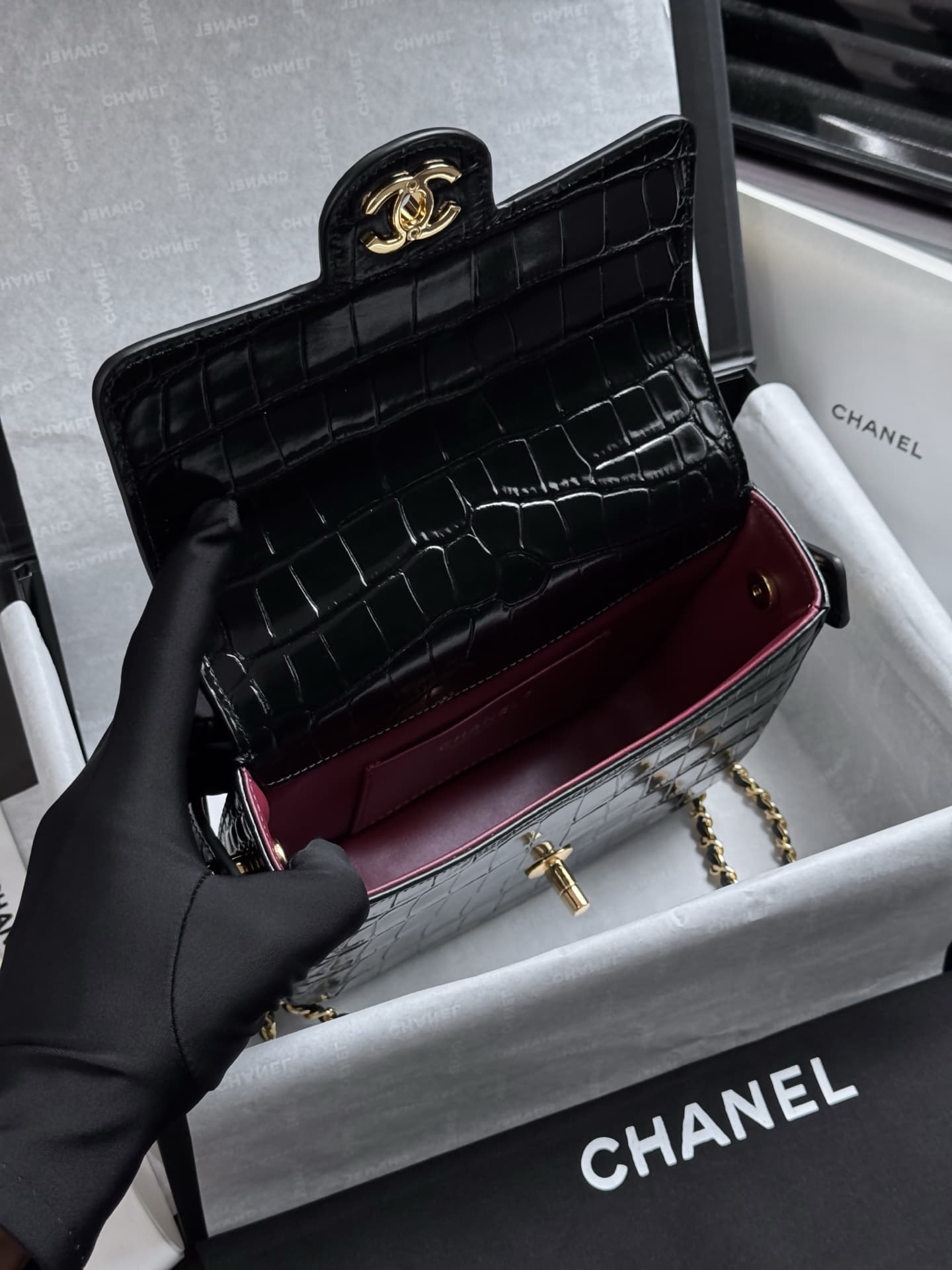 Chanel Mini Flap Bag with Top Handle Crocodile Embossed Calfskin & Gold-Tone Metal Black AS6424 A