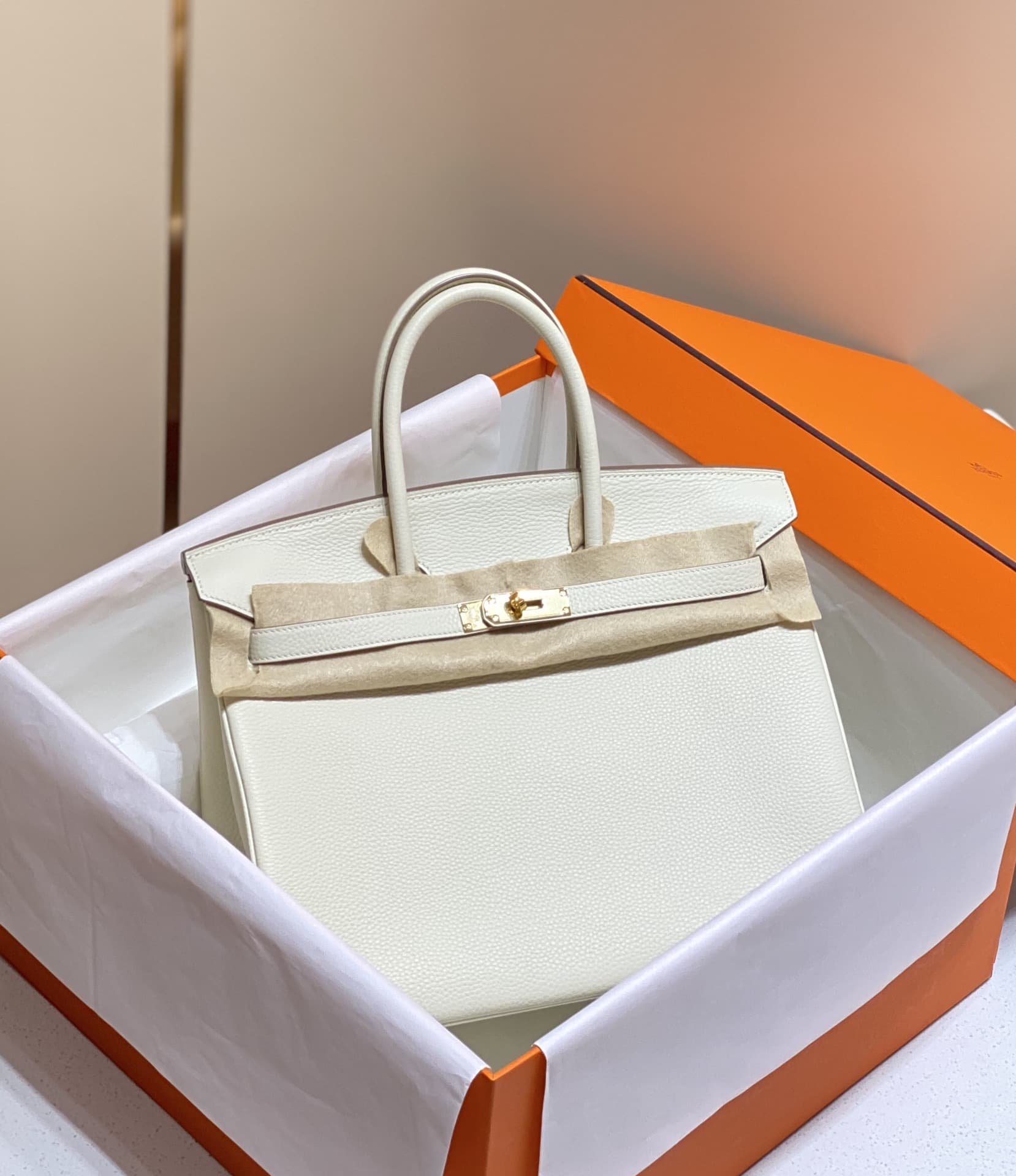 Hermes Birkin 25/30/35cm Bag Calfskin Silver/Gold Metal In Craie High