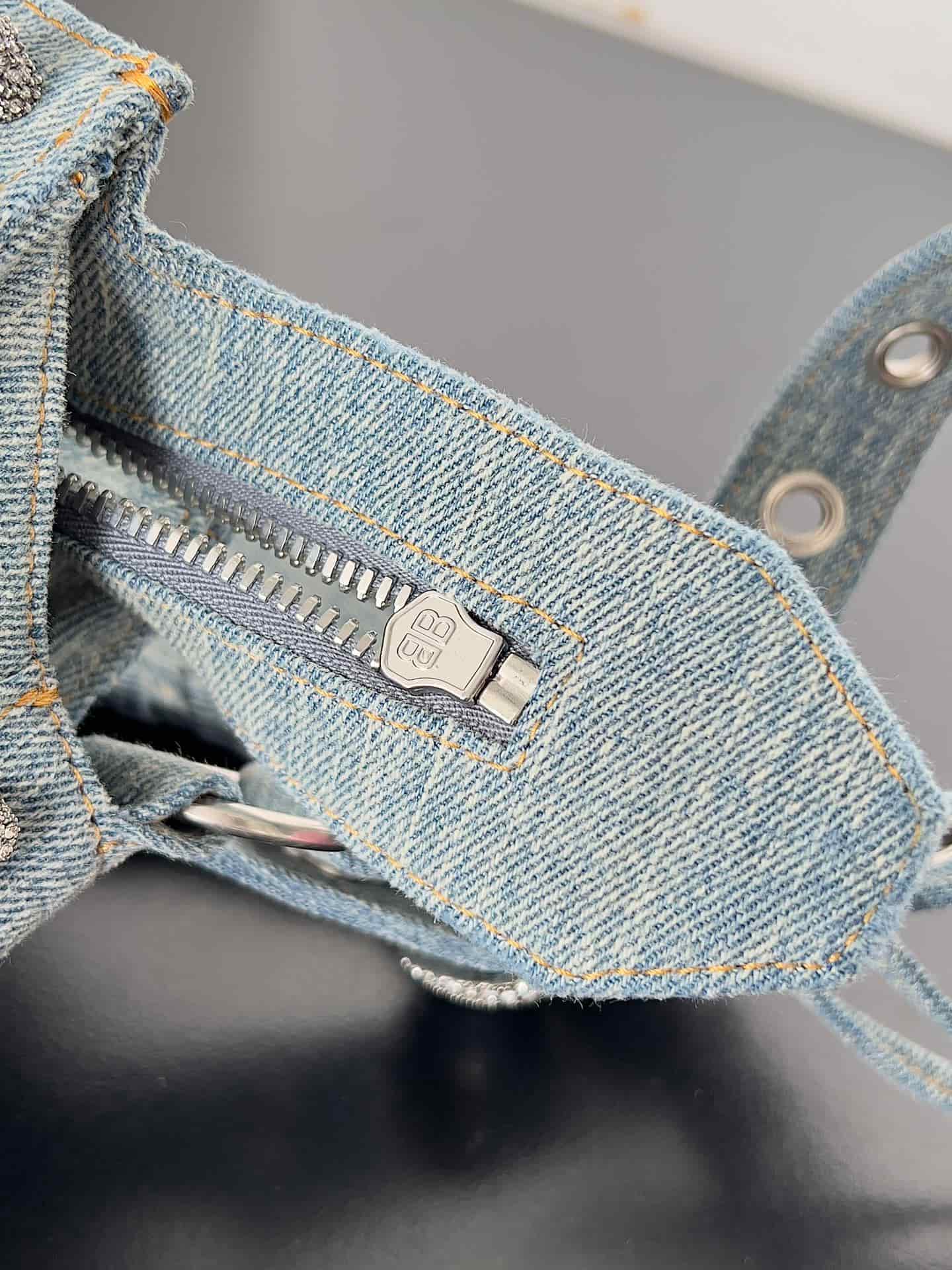 Balenciaga Small Neo Cagole City bag in Washed Frayed Denim with crystal High