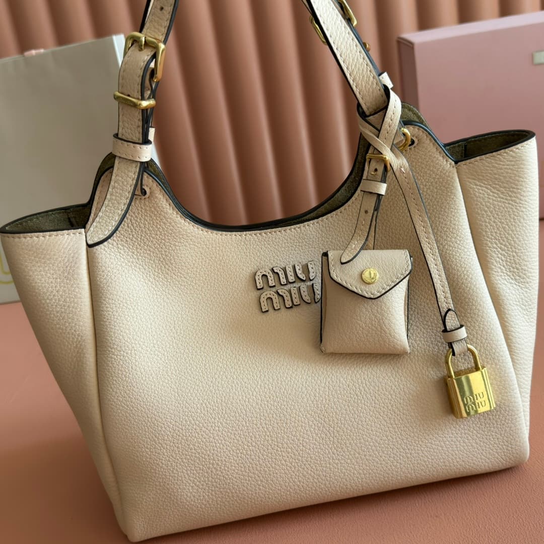 Miu Miu Milk Tea Color Hammered Leather Shoulder Bag 5ba304 High