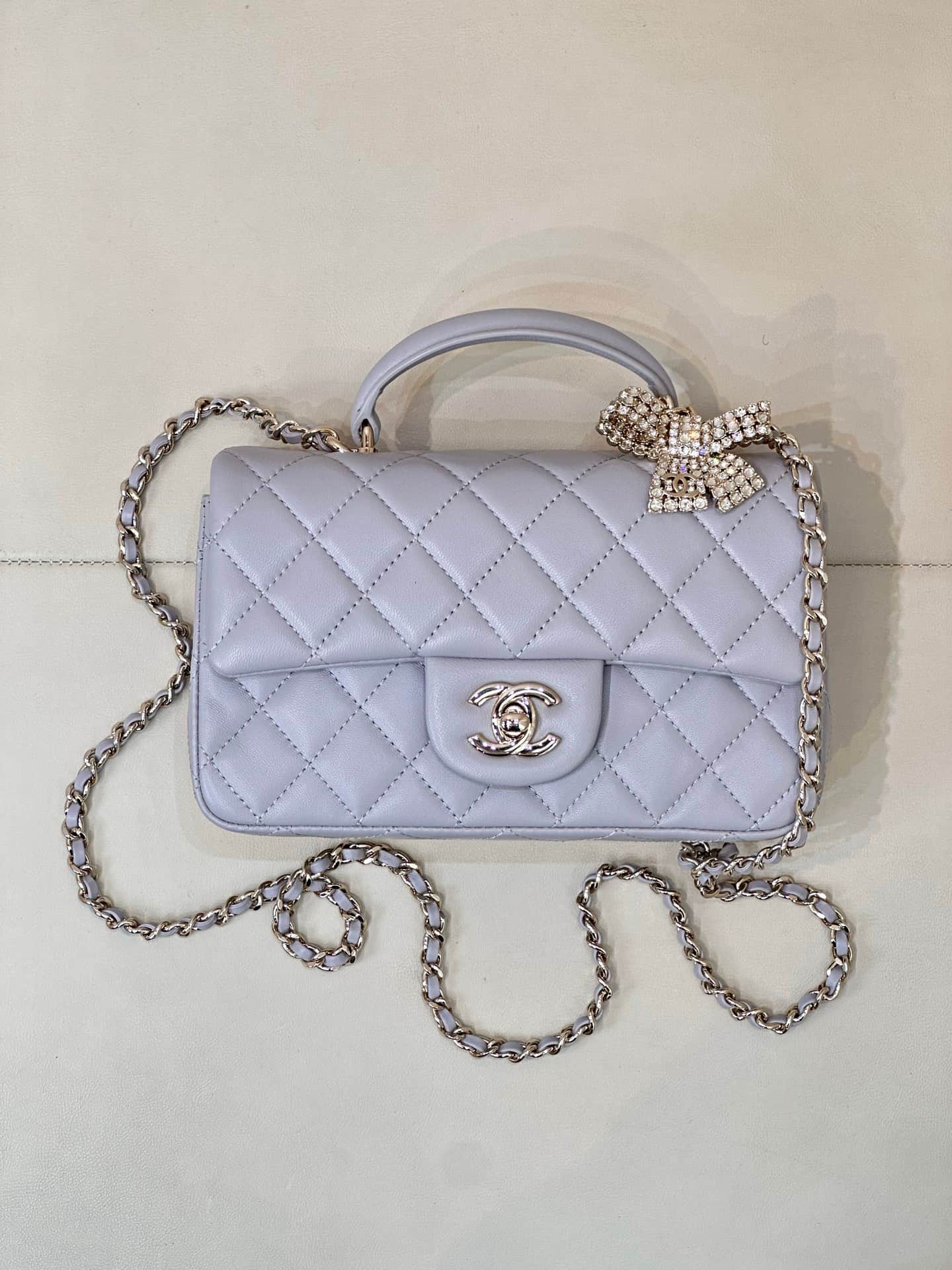 Chanel Mini Classic Handbag Lambskin Strass & Gold-Tone Metal AS2431 grey TOP