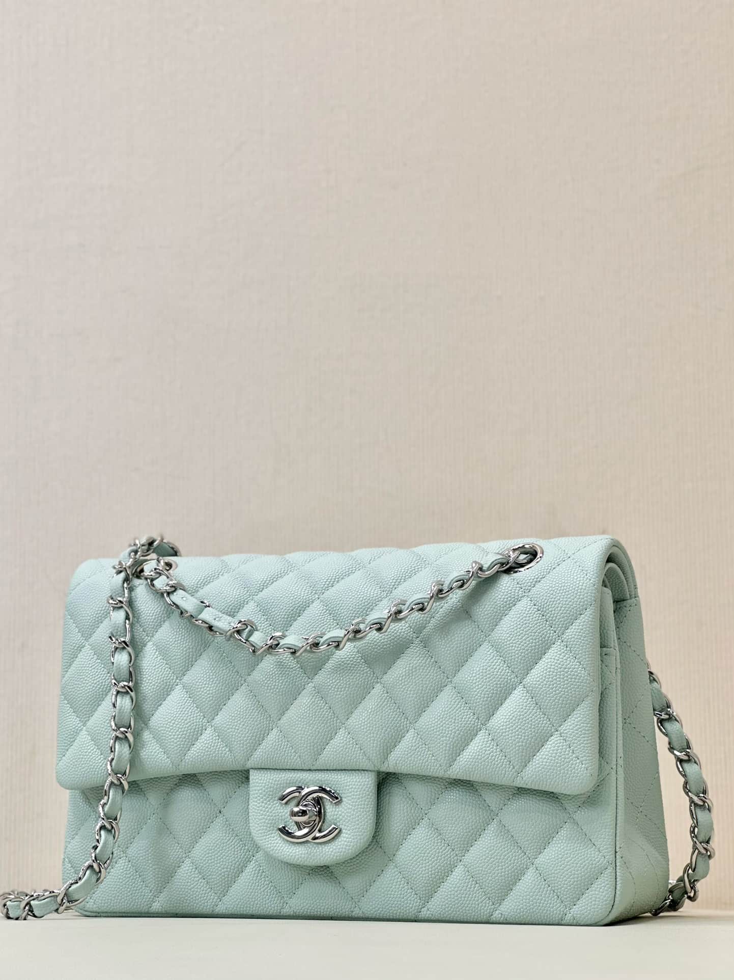 Chanel Medium CLASSIC HANDBAG Grained  Calfskin & Silver-Tone Metal Light Blue TOP