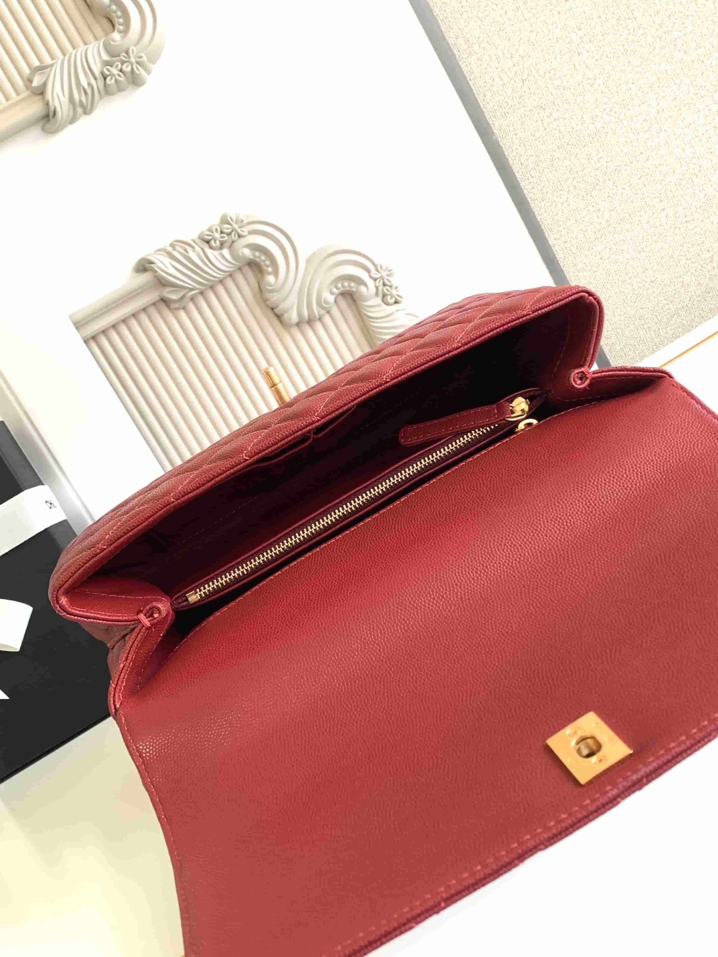 Medium FLAP BAG WITH TOP HANDLE Grained Calfskin A92991 Red-binding Gold Metal A